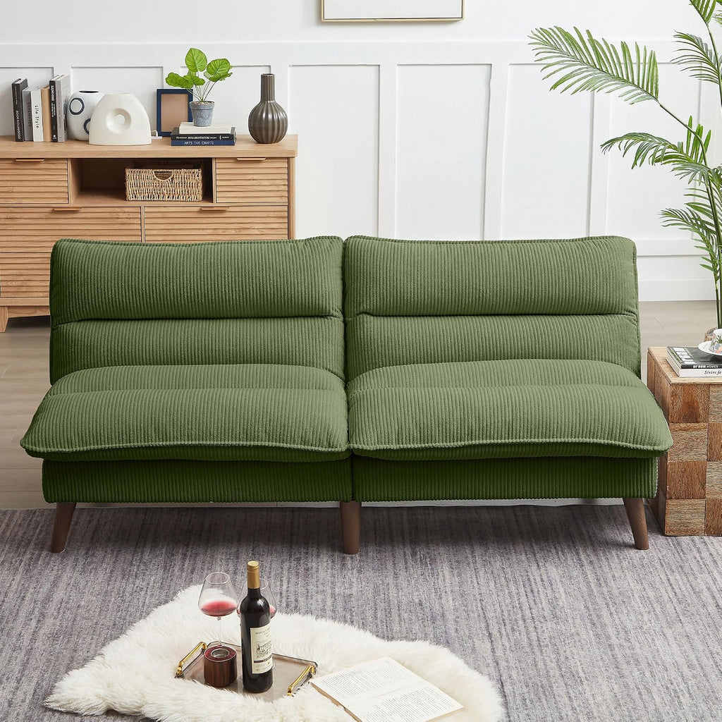 72' Futon Sofa Bed, Futon Couch with Adjustable Backrest, Recliner Small Loveseat for Living Room, Office, Apartment, Corduroy Loveseat, Green