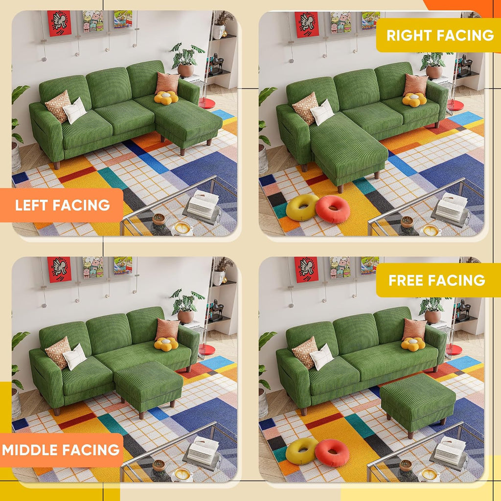 YESHOMY Couches for Living Room, Sofa with Movable Ottoman, Small Couch with Reversible Chaise and Side Pockets, L Shaped Couch for Small Space, Apartment (Corduroy, Green)