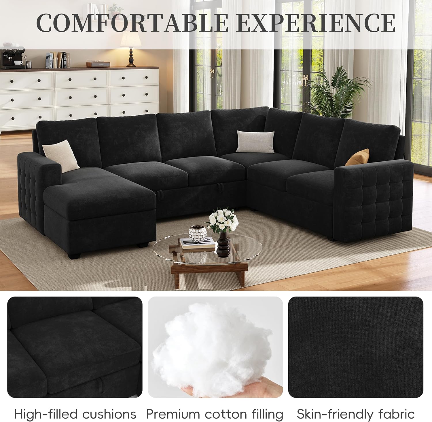 104' Sectional Sleeper Sofa Bed, Pull Out Couch with Storage, Modular Cloud Sofa with Chaise, 7 Seat U Shaped Sectional Couches for Living Room& Apartment, Convertible Sofas, Black Couch