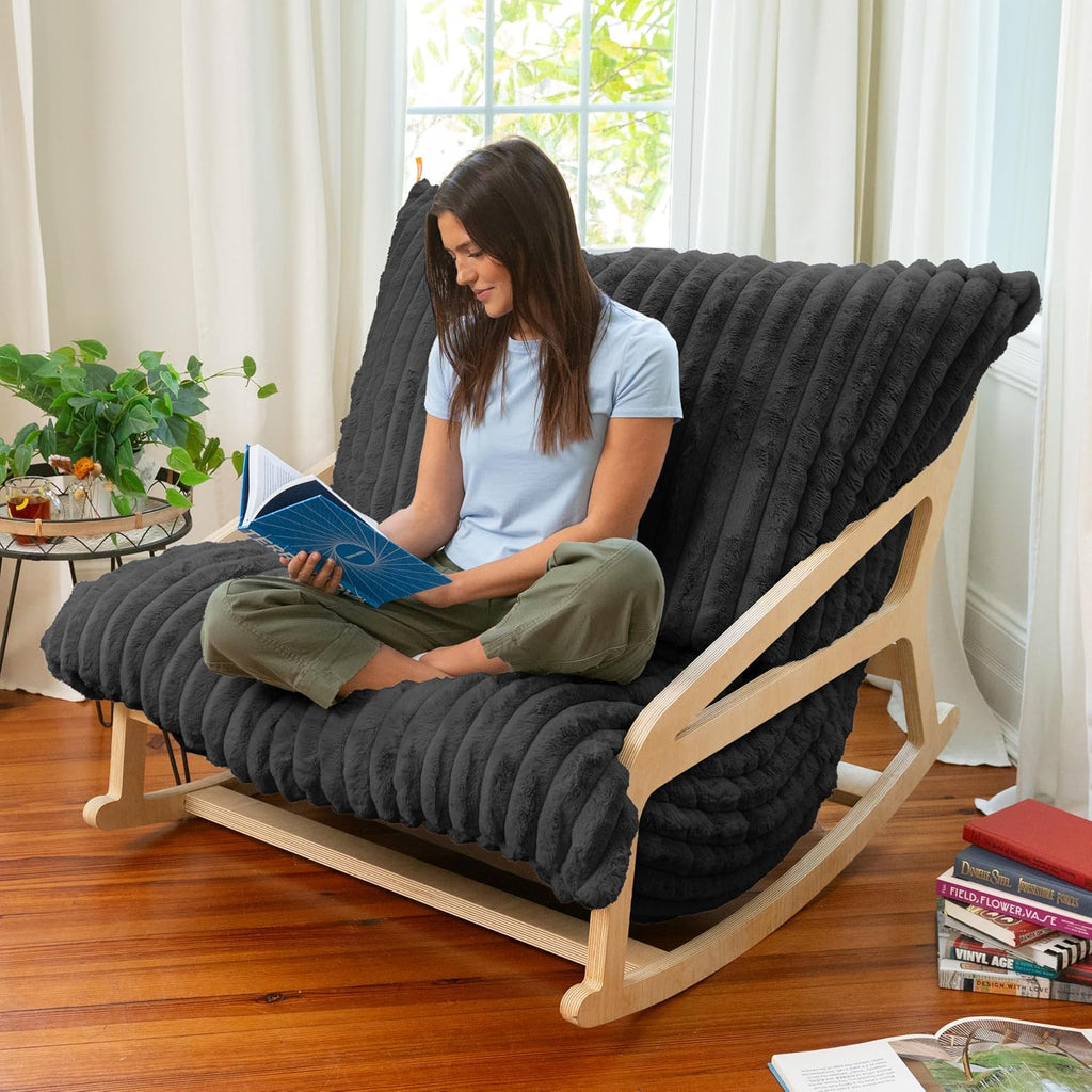 Pillow Saxx Bean Bag Rocking Chair - Elegant Oversized Rocker with Modern Wood Frame, Mondo Fur Black