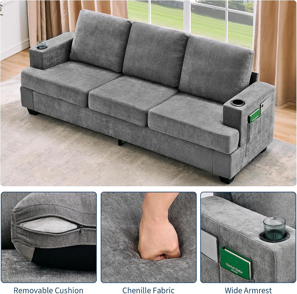 Garvee Modern 89' 3-Seater Sofa for Living Room, Comfy Couches with Deep Seat, Chenille Sofa with Cup Holders and Side Storage Pockets for Apartment Lounge, Grey