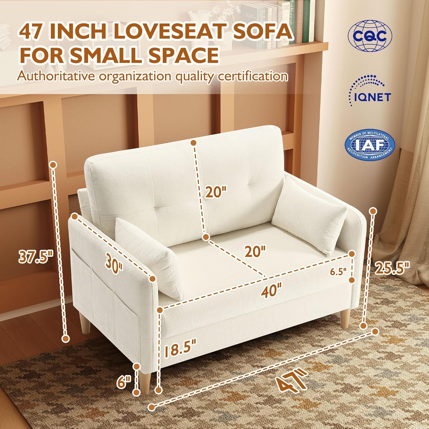 Urhanherry 47' Small Sofa Couch, Soft Chenille loveseat Mini Couch with Throw Pillow and Removable Cushion Cover for Small Spaces, Bedroom, Apartment, Dorm, Office, Living Room(Beige)