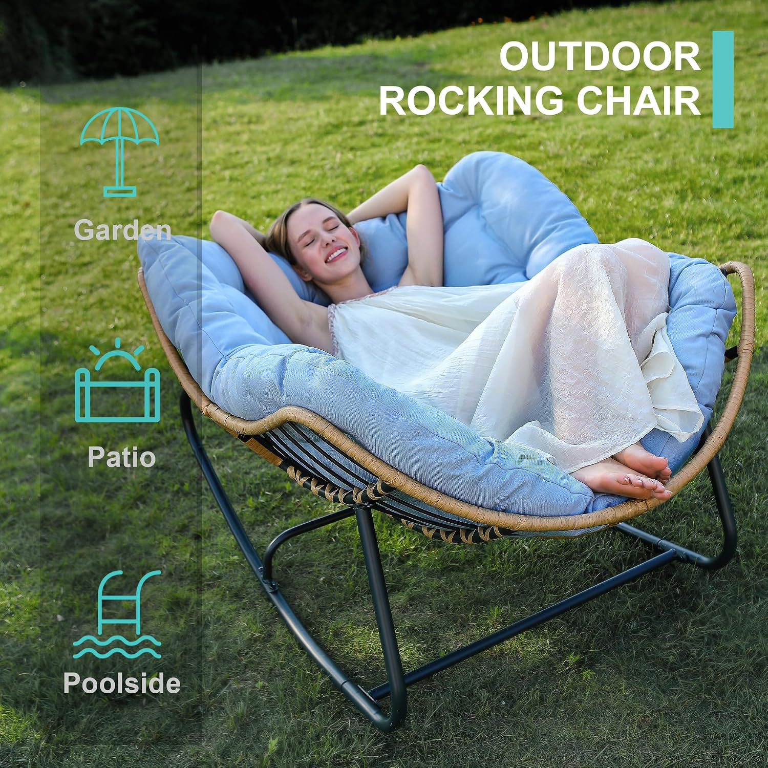 SWITTE Outdoor Rocking Chair, Indoor Papasan Rocking Lounge with Thick Cushion, Oversized Cozy Patio Rocker for Bedroom, Living Room, Porch, Garden, Lawn-Light Blue