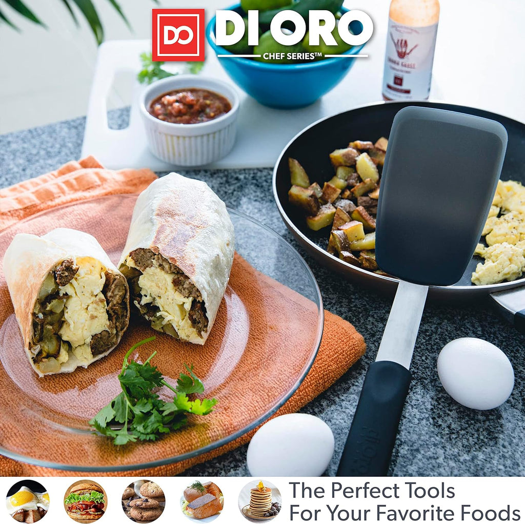 DI ORO 11-Piece Silicone Kitchen Set - 600°F Nonstick Heat-Resistant Utensils - 3 Turners, 5 Seamless Spatulas, 2 Spoons, 1 Ladle - Tools for Cooking & Baking - Dishwasher Safe, Easy to Clean (Black)