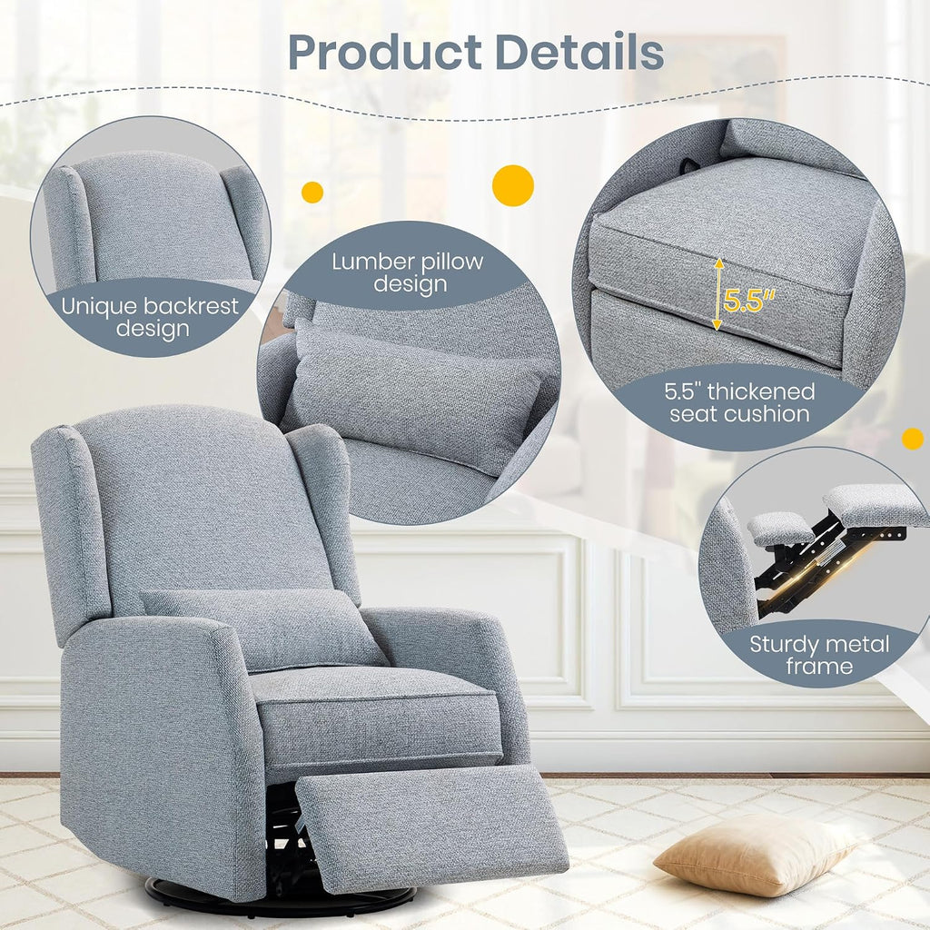 Swivel Rocker Recliner Chair with Adjustable Footrest, Swivel Rocking Recliner with Deep Seat Lumbar Pillow, Nursery Glider Recliner, 360° Recliner Chair for Living Room&Bedroom&Office (Gray)