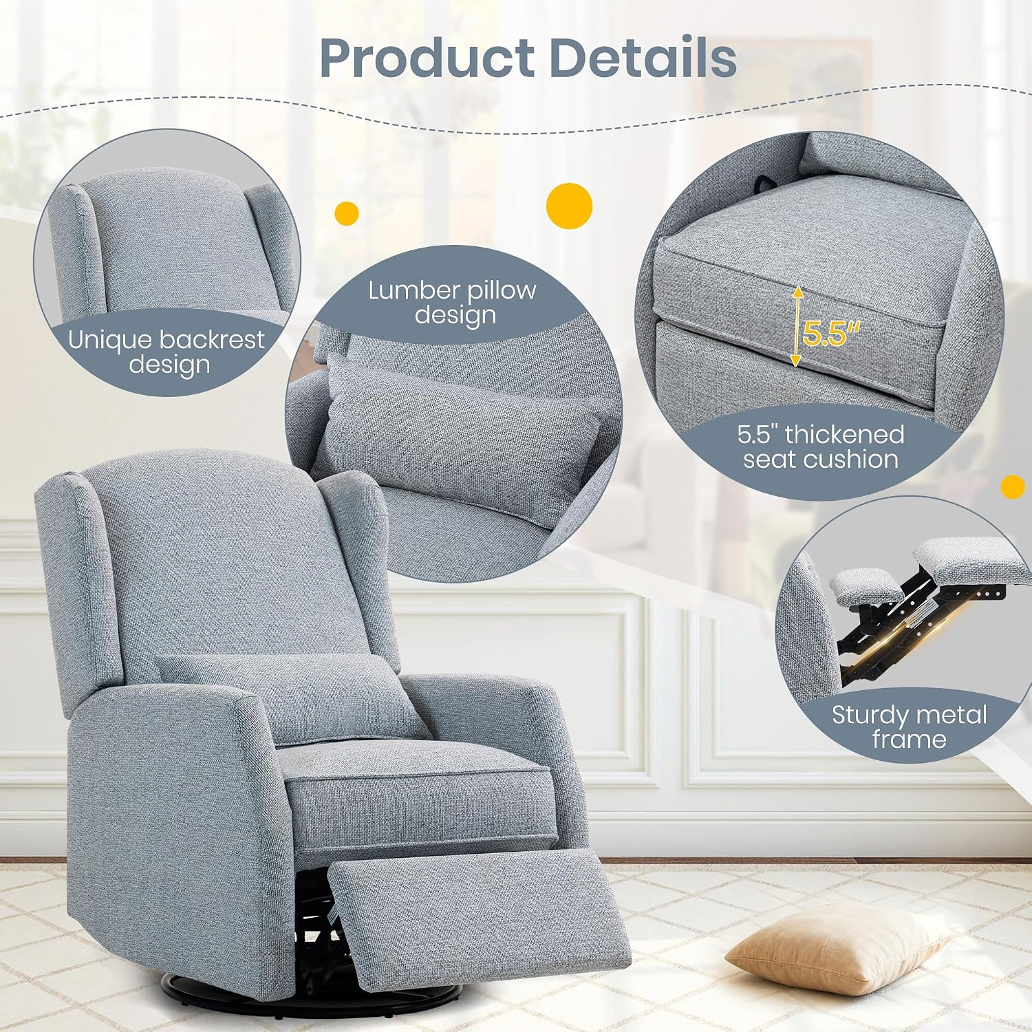 Swivel Rocker Recliner Chair with Adjustable Footrest, Swivel Rocking Recliner with Deep Seat Lumbar Pillow, Nursery Glider Recliner, 360° Recliner Chair for Living Room&Bedroom&Office (Gray)