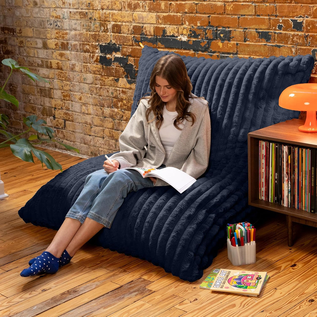 Pillow Saxx Bean Bag Rocking Chair - Elegant Oversized Rocker with Modern Wood Frame, Mondo Fur Midnight Blue