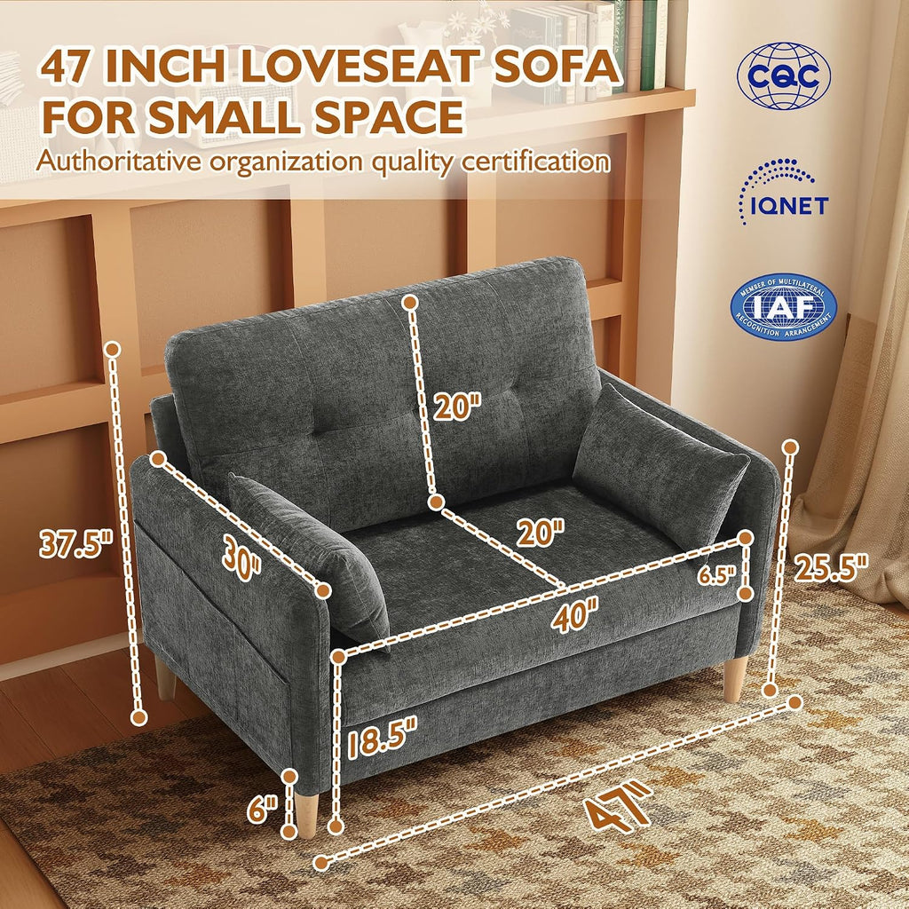 Urhanherry 47' Small Sofa Couch for Bedroom, Soft Chenille loveseat Mini Couch with Throw Pillow and Removable Cushion Cover for Small Spaces, Living Room, Apartment, Dorm, Office(Dark Grey)