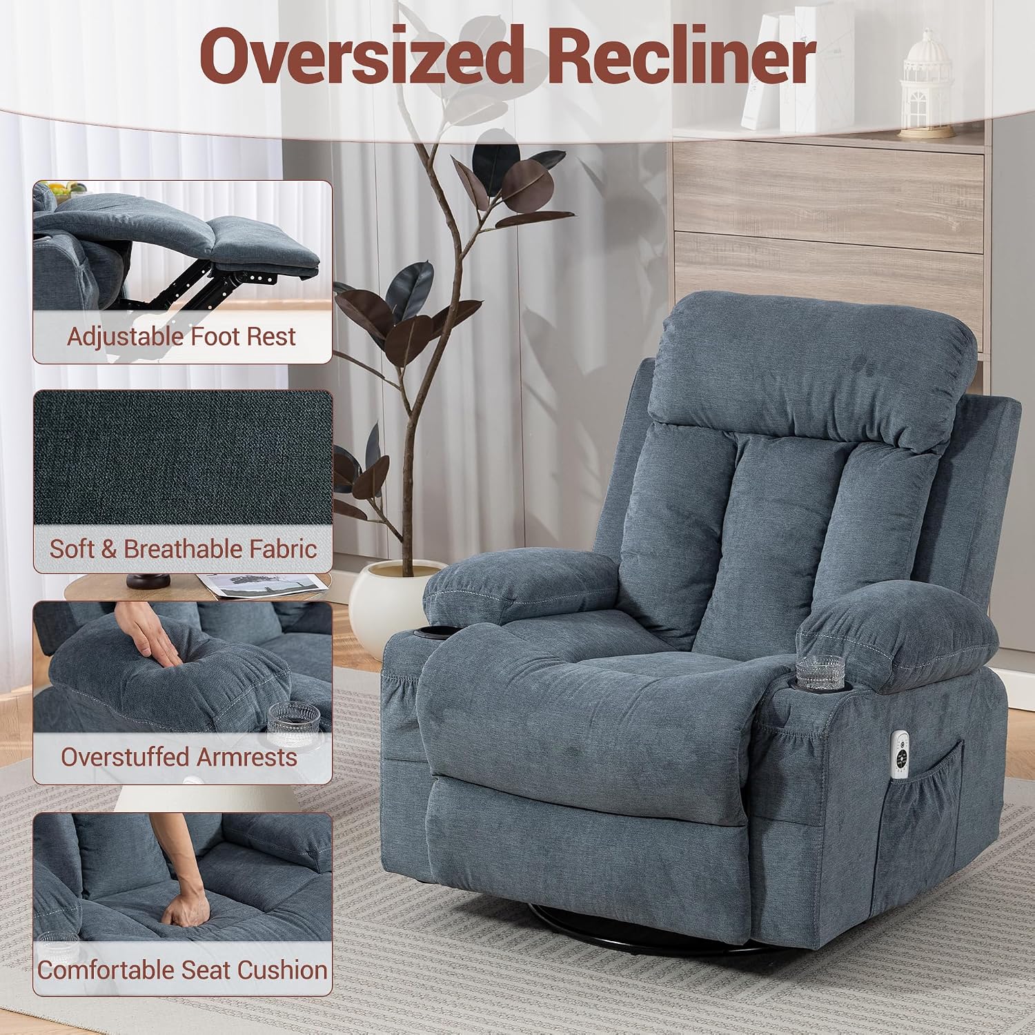 360° Swivel Rocking Chair, Rocker Recliner Chair with Vibration Massage and Heat, Ergonomic Lounge Chairs with Rocking Function and Side Pocket, Cup Holders, Blue