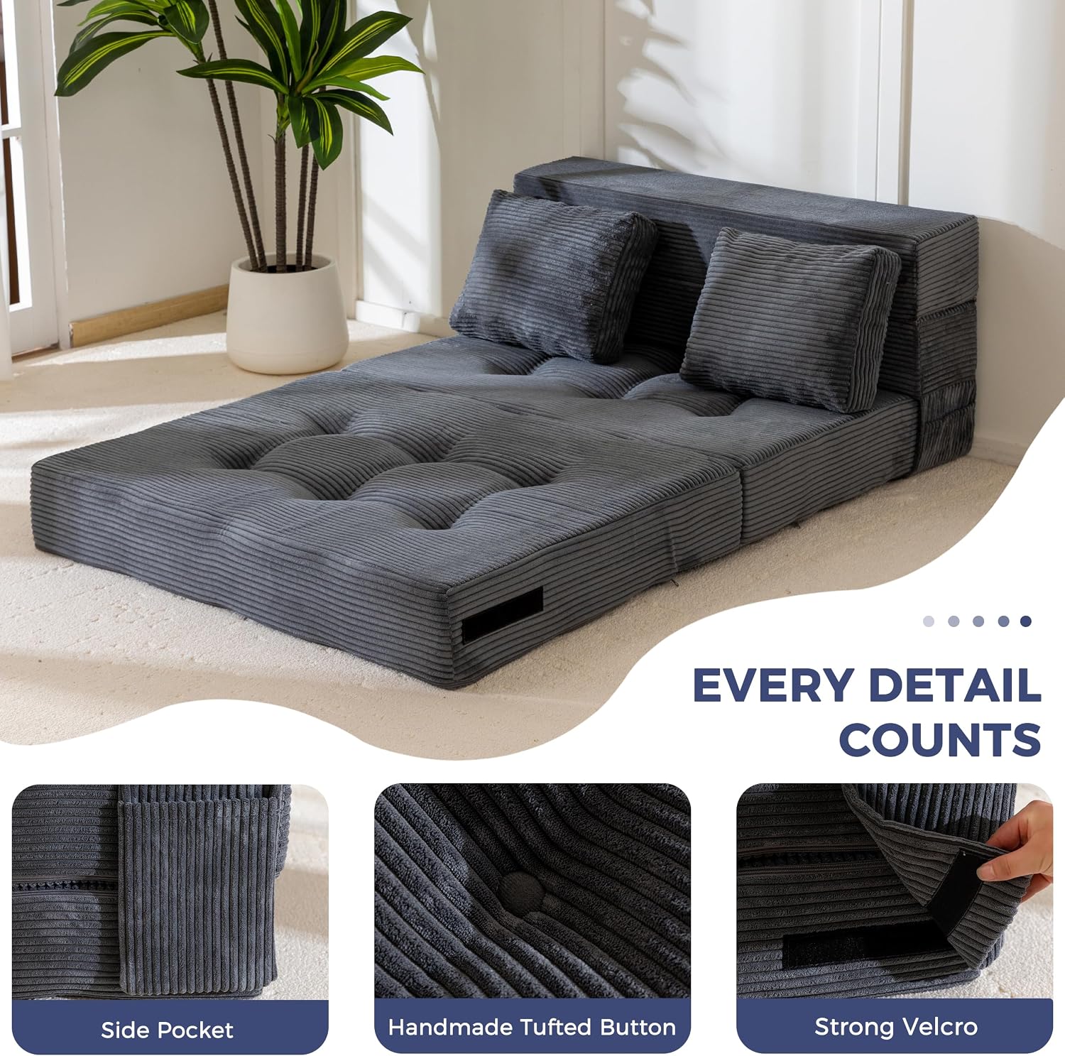 MAXYOYO Convertible Sofa Bed, Fold Out Sleeper Sofa with Pillow, 4 in 1 Tufted Folding Couch Bed Foam Floor Couch, Lazy Chair for Living Room Bedroom Guest Room, Dark Grey