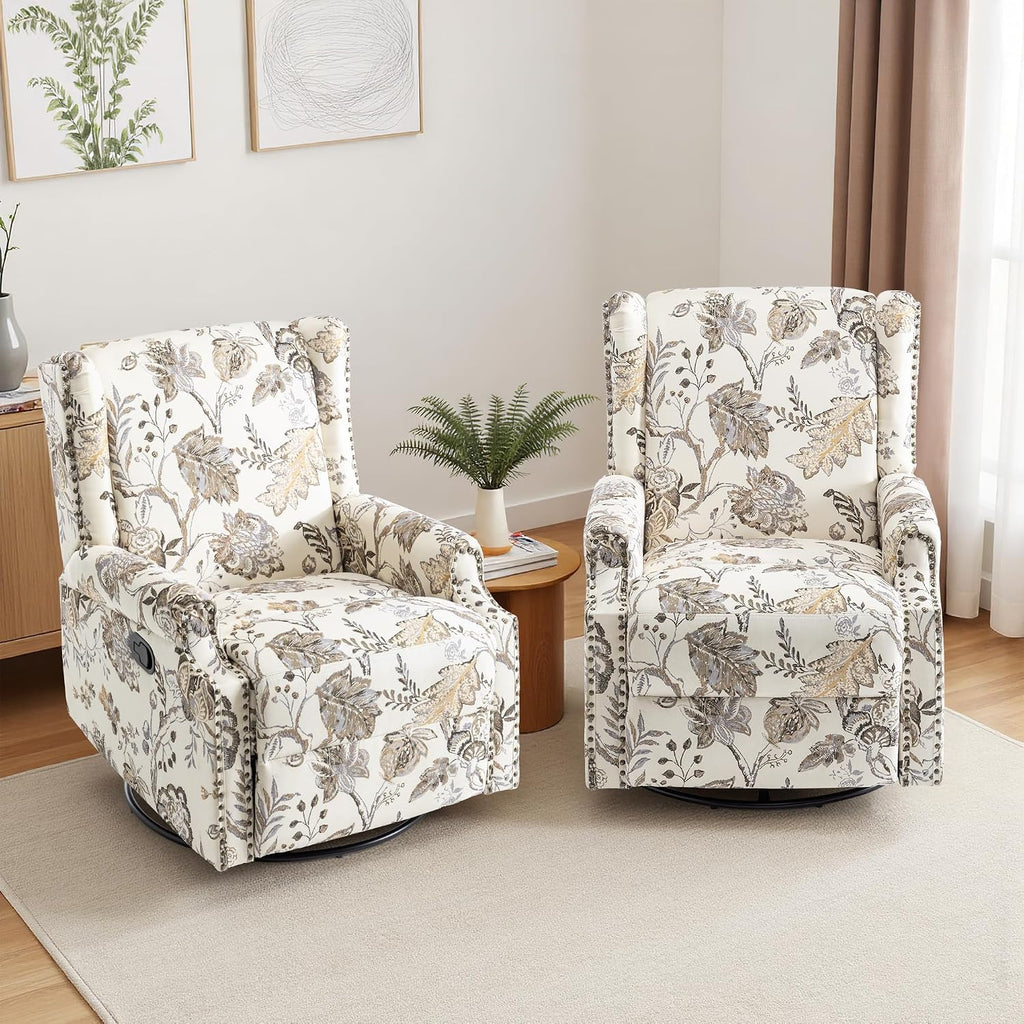 Swivel Rocker Recliner Chairs Set of 2, 360° Swivel Wingback Recliner Chairs for Adults, Upholstered Printed Fabric Glider Rocking Chair with High Back, Deep Seat for Living Romm Bedroom, Plants Beige