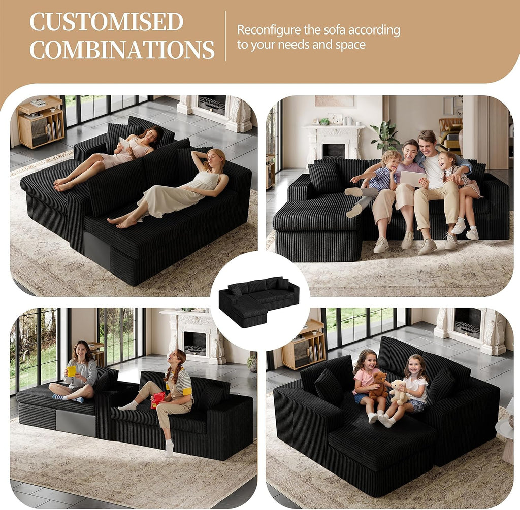 Vongrasig 105' Boneless Couches for Living Room, Sectional Couches Modular Sofa with L-Shaped Chaise, Memory Foam Comfy Cloud Couch with Plush Corduroy Fabric, No Assembly Required, Black