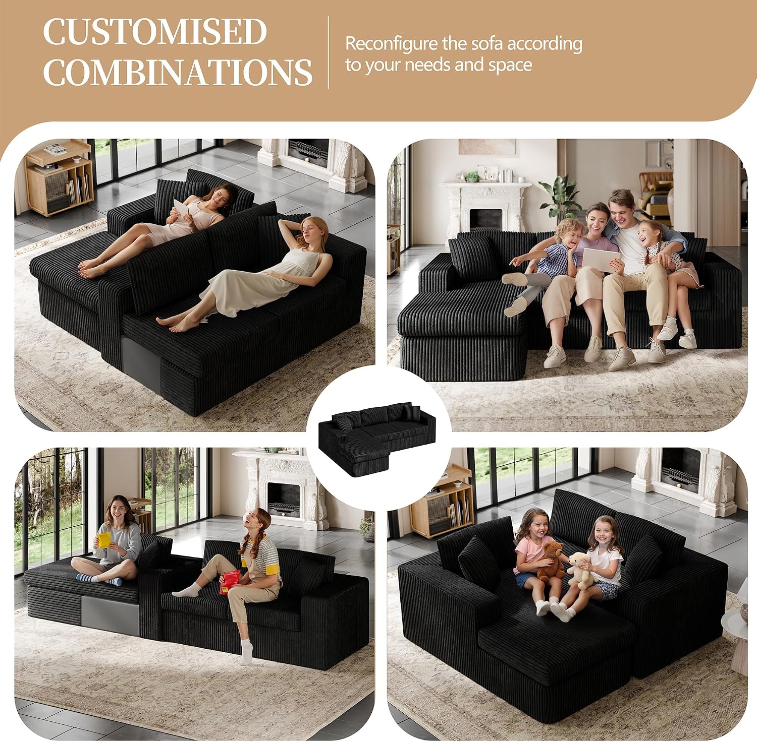 Vongrasig 105' Boneless Couches for Living Room, Sectional Couches Modular Sofa with L-Shaped Chaise, Memory Foam Comfy Cloud Couch with Plush Corduroy Fabric, No Assembly Required, Black