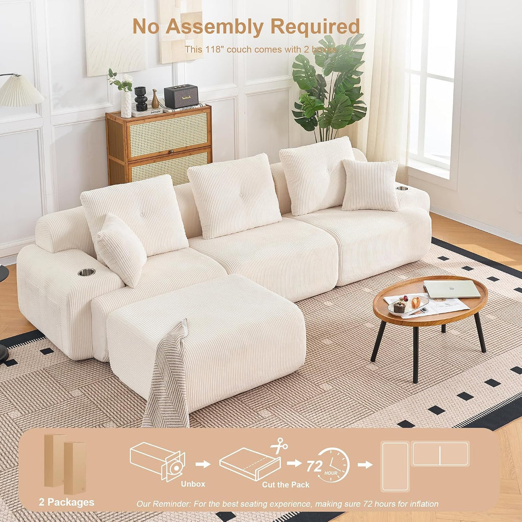 118' Modular Sectional Sofa with Cup Holders, Modern Boneless Sectional Couch with Side Storage Pockets and Movable Ottoman, Oversized L-Shape Couch for Living Room Bedroom, Apartments, White