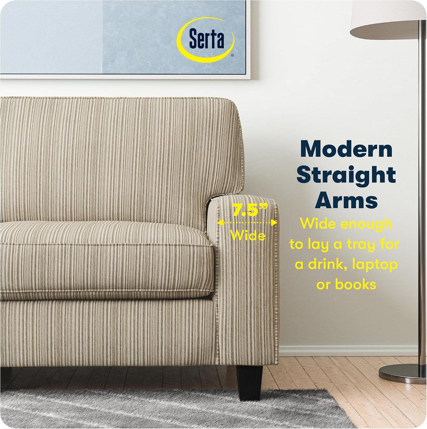 Serta Palisades 61' Track Arm Sofa, Easy Care Polyester, Soft Pillow Back, Pocket Coil Seat Cushions, Removable Covers, Loveseat or Couch for Small Spaces, Living Rooms or Bedrooms, Beige