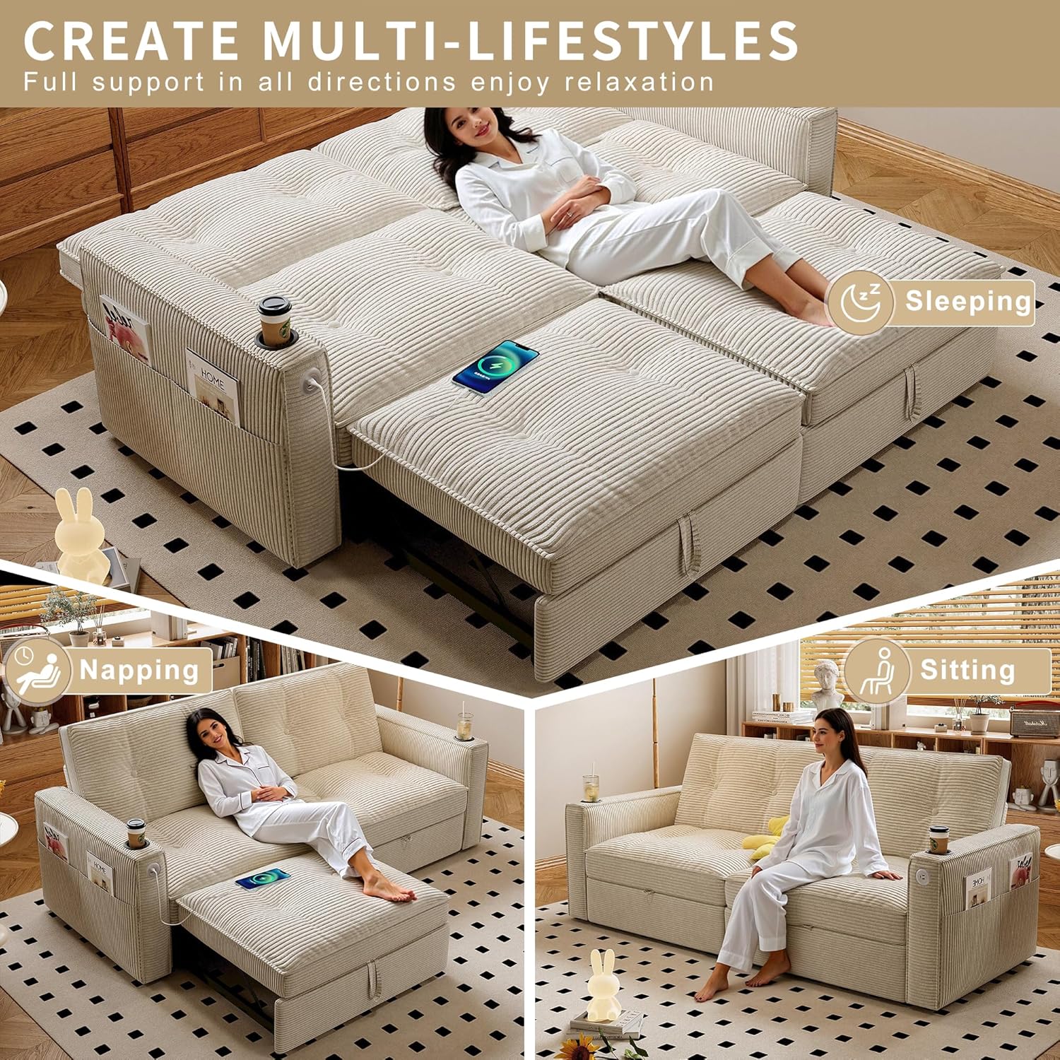 Queen Sofa Bed,Convertible Loveseat Sleeper Sofas,Couch with Pull Out Bed,Pullout Couch Bed for Small Space,Queen Sleeper Sofa Couches for Living Room,Apartment & Guest Room Beige | USB Port, Cup Holder