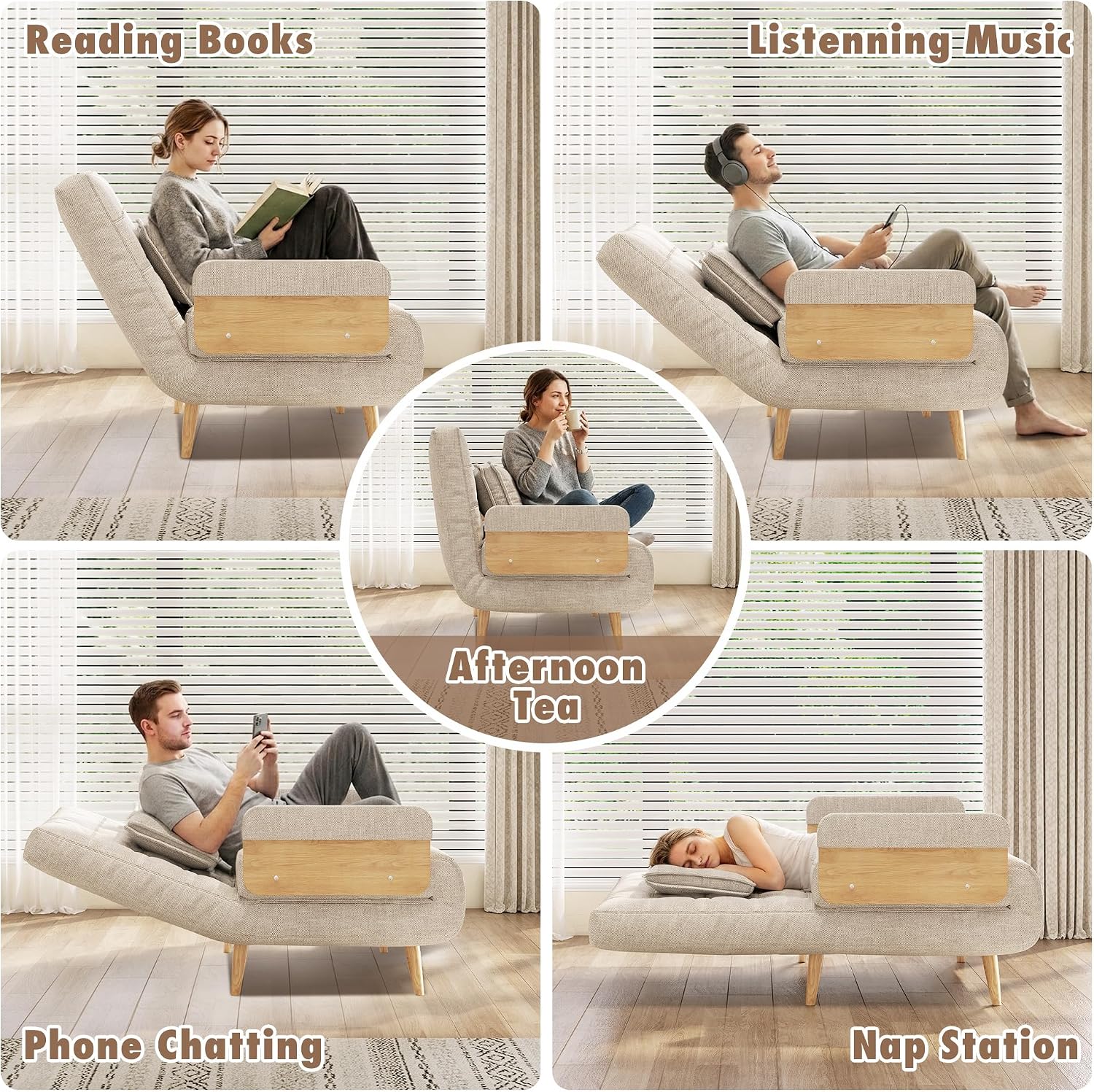 JASIWAY Convertible Sleeper Chair Bed for Adults, 3 in 1 Linen Convertable Futon Chair with Pillow, Fold Out Single Sleeper Couch Guest Bed for Small Spaces, Bedroom, Office, Mid-Century, 36.6'