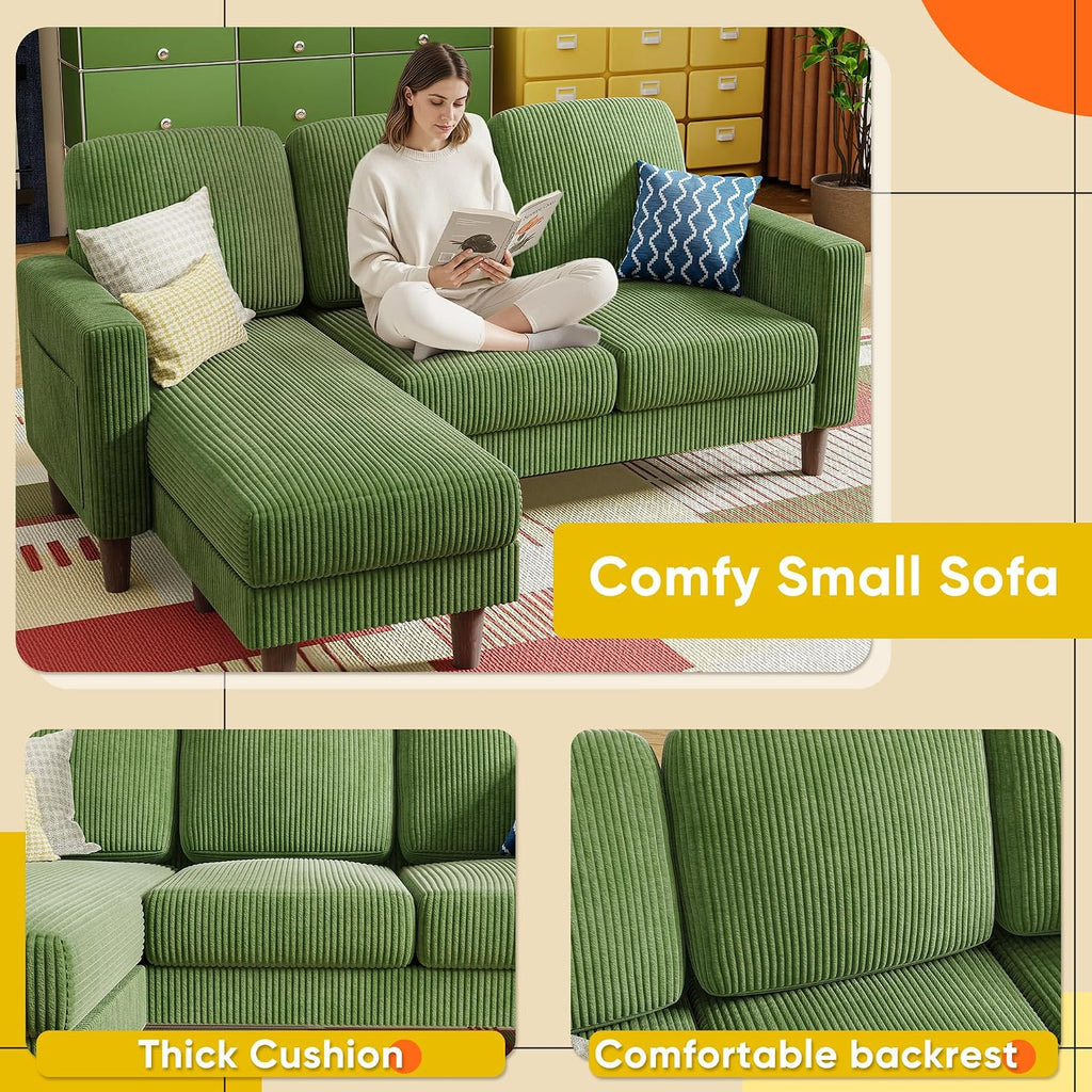 YESHOMY Couches for Living Room, Sofa with Movable Ottoman, Small Couch with Reversible Chaise and Side Pockets, L Shaped Couch for Small Space, Apartment (Corduroy, Green)