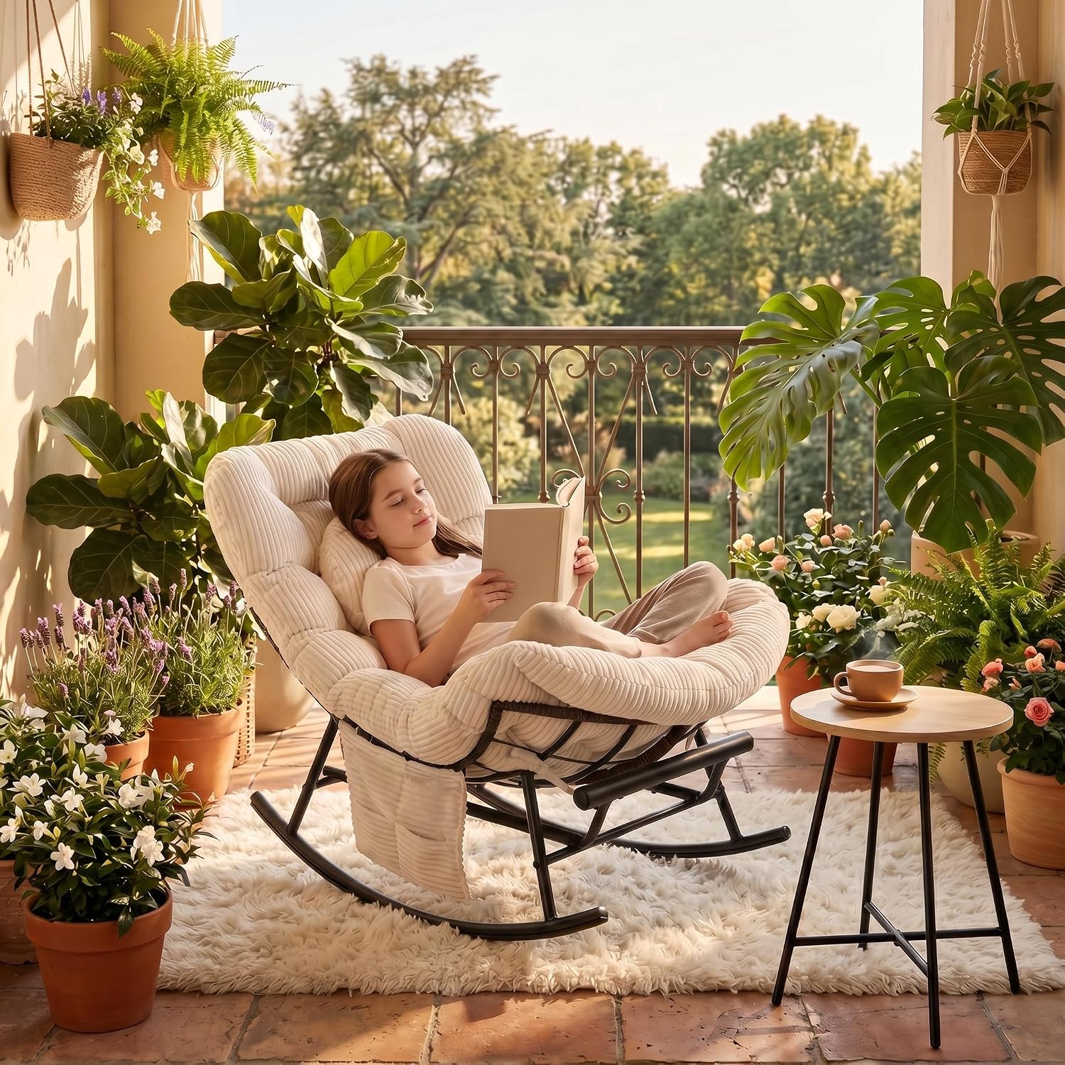 Rocking Chair Indoor & Outdoor, Oversized Patio Papasan Recliner Chair with Footstool Pillow & Side Pocket for Bedroom, Living Room, Garden, Balcony, Lawn (Beige)