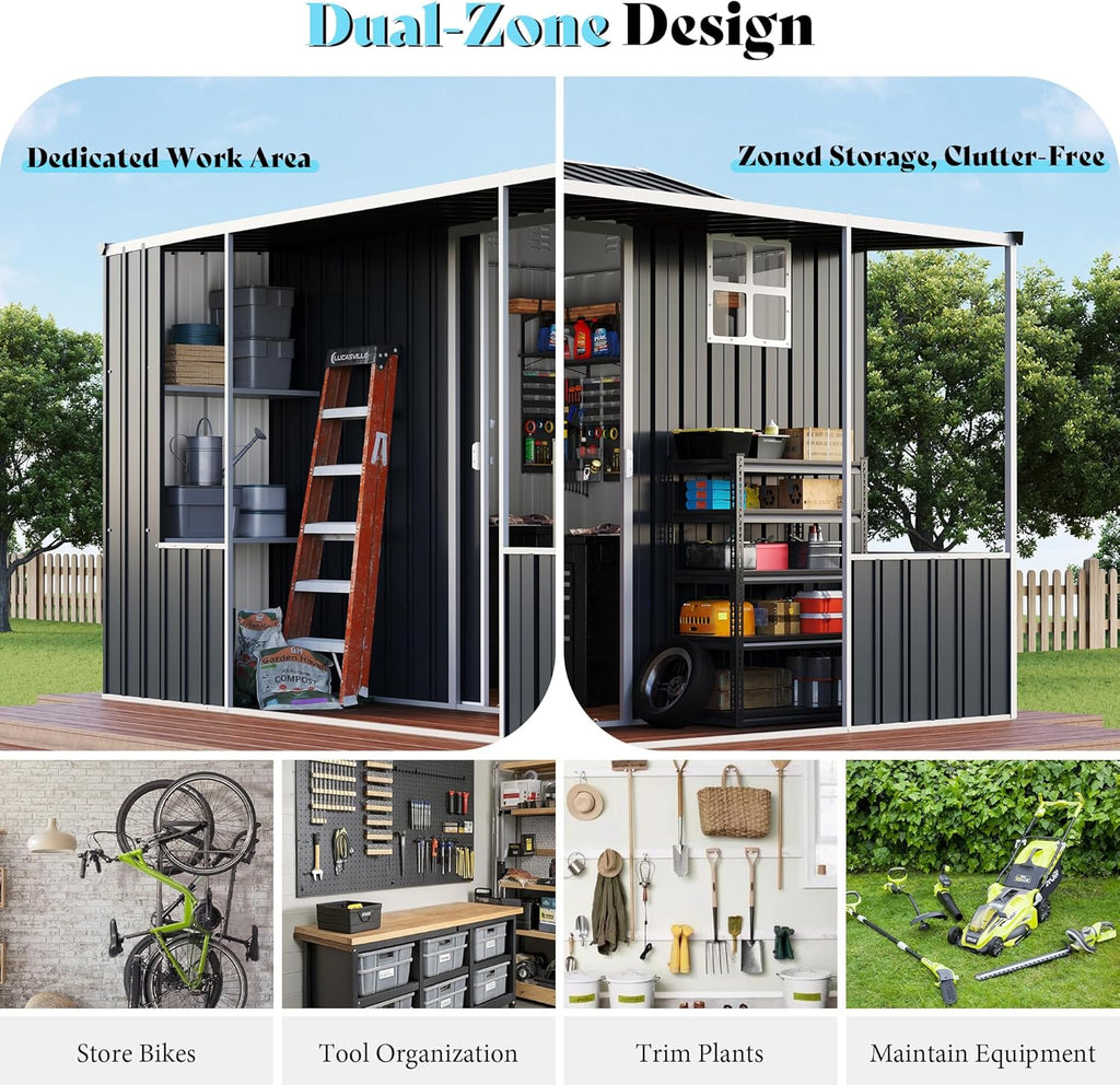 VanAcc 9x9x7 FT Metal Storage Shed, Dual-Zone Tool Shed with Work Area, Reinforced Frame, Gable Roof, Ventilated Design, Dark Grey