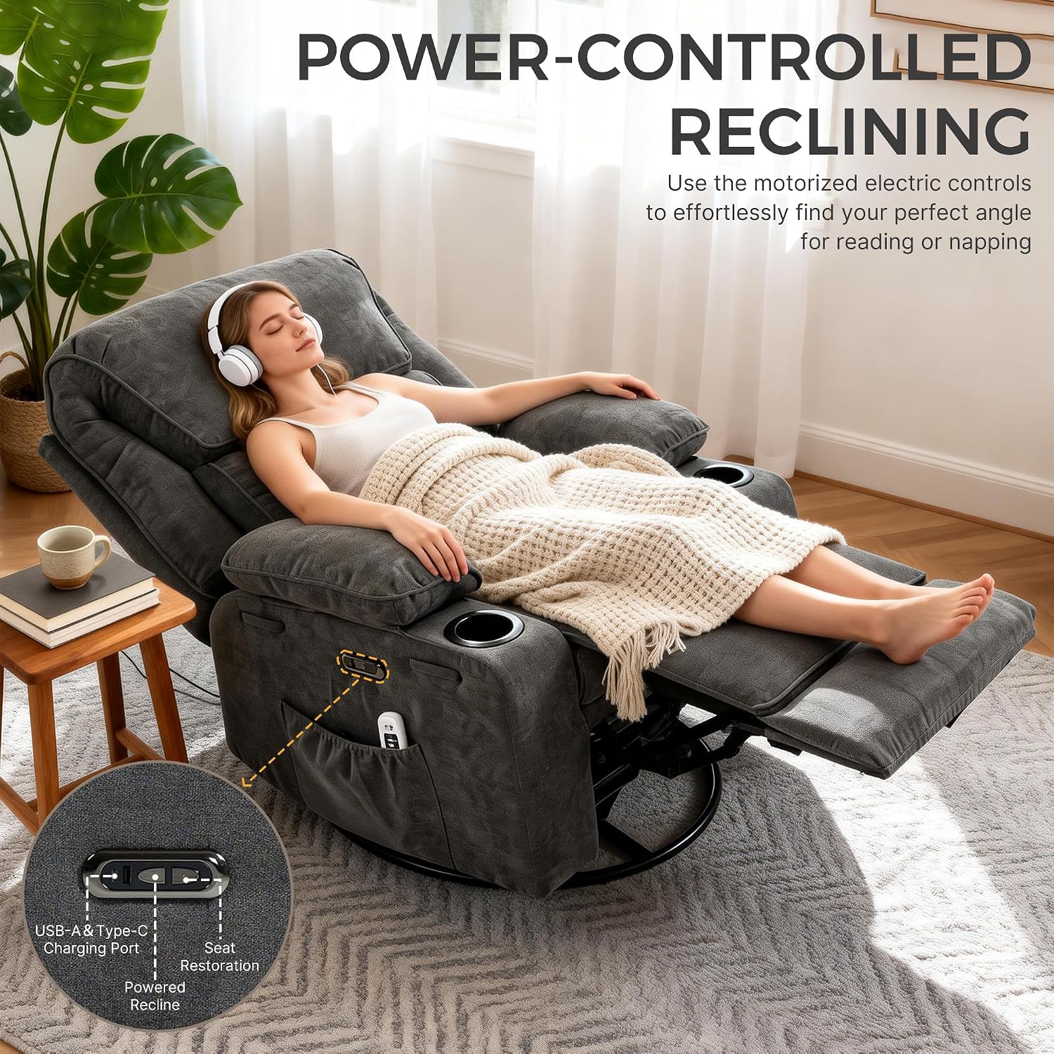 Power Recliner with Rocking, Swivel & Glider - Nursery Chair with One-Touch Button, Vibrating Massage & Heat, USB Charging Ports, Perfect for Nursery, Living Room, or Bedroom Relaxation, Dark Gray