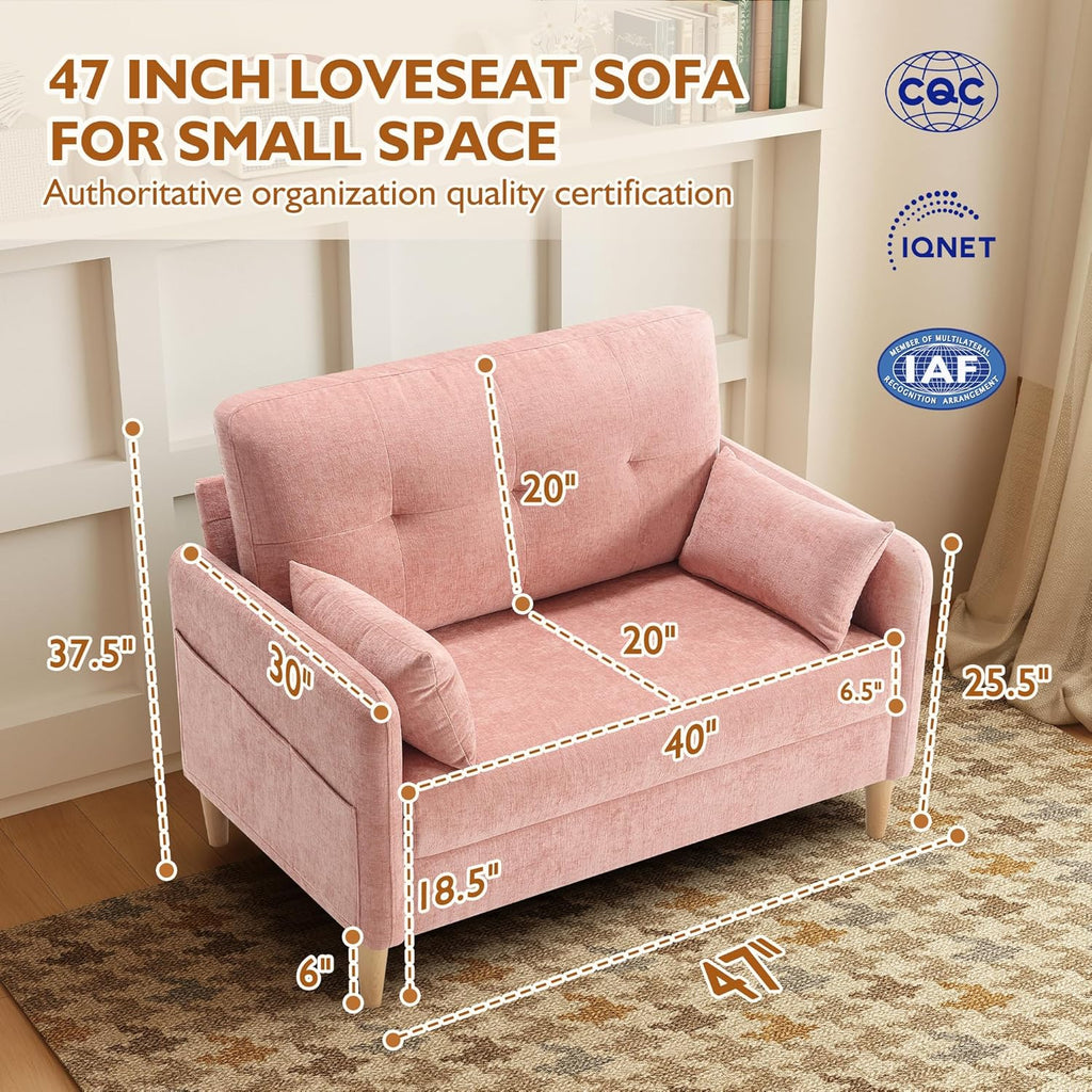 Urhanherry 47' Small Sofa Couch for Bedroom, Soft Chenille loveseat Mini Couch with Throw Pillow and Removable Cushion Cover for Small Spaces, Living Room, Apartment, Dorm, Office(Pink)