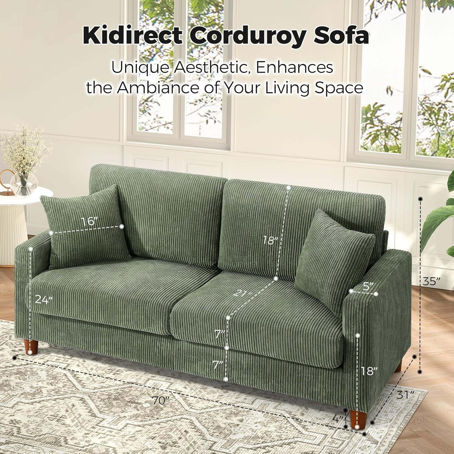 Kidirect 70in Corduroy Couch, Sofas for Living Room No Tool Assembly, Comfy Couches for Living Room 21in Deep Seats, Oversized Loveseat Sofa with 2 Pillows, 3 Seater Couch for Bedroom, Green Sofa