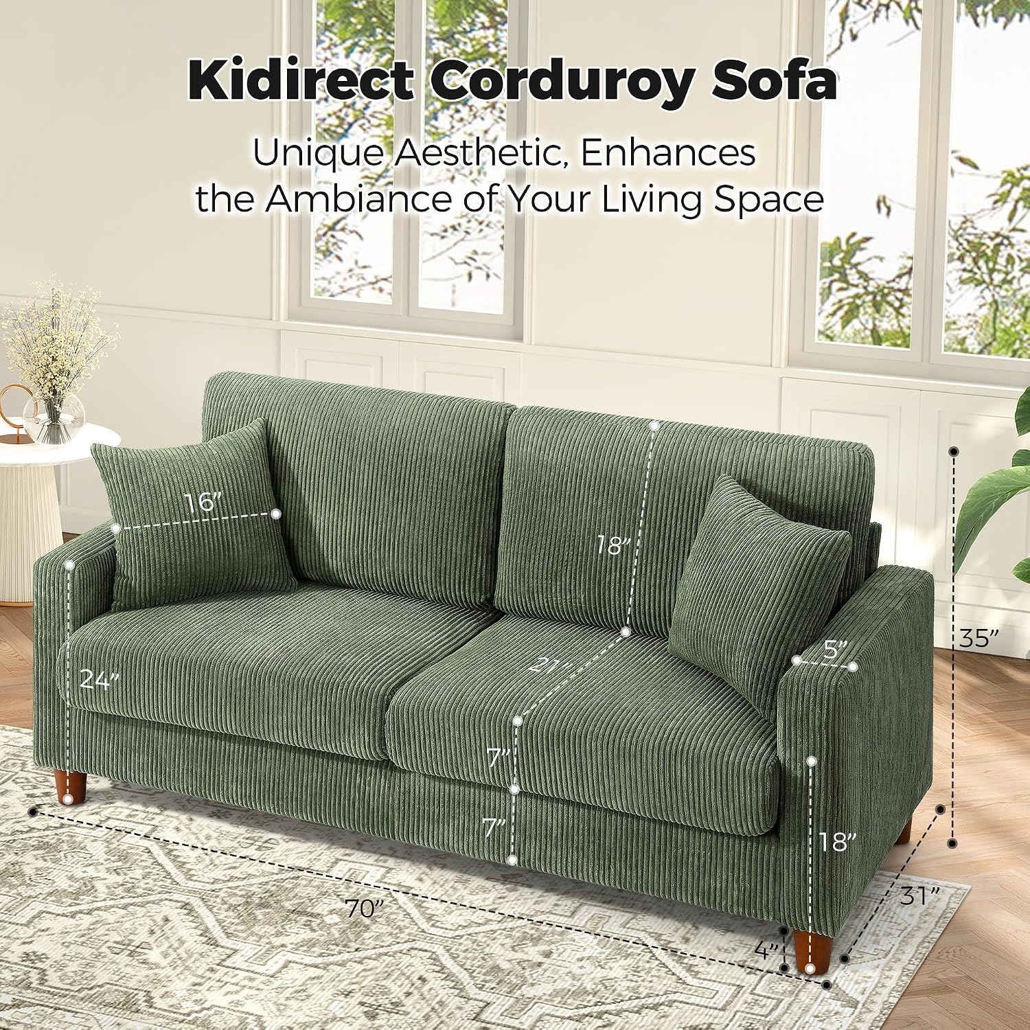 Kidirect 70in U Shaped Couch, Modular Sofa No Tool Assembly, Comfy Sectional Couches for Living Room 21in Deeper Seats, Corduroy Sofas for Living Room with 2 Pillows, Loveseat Sofa Set, Green Couch