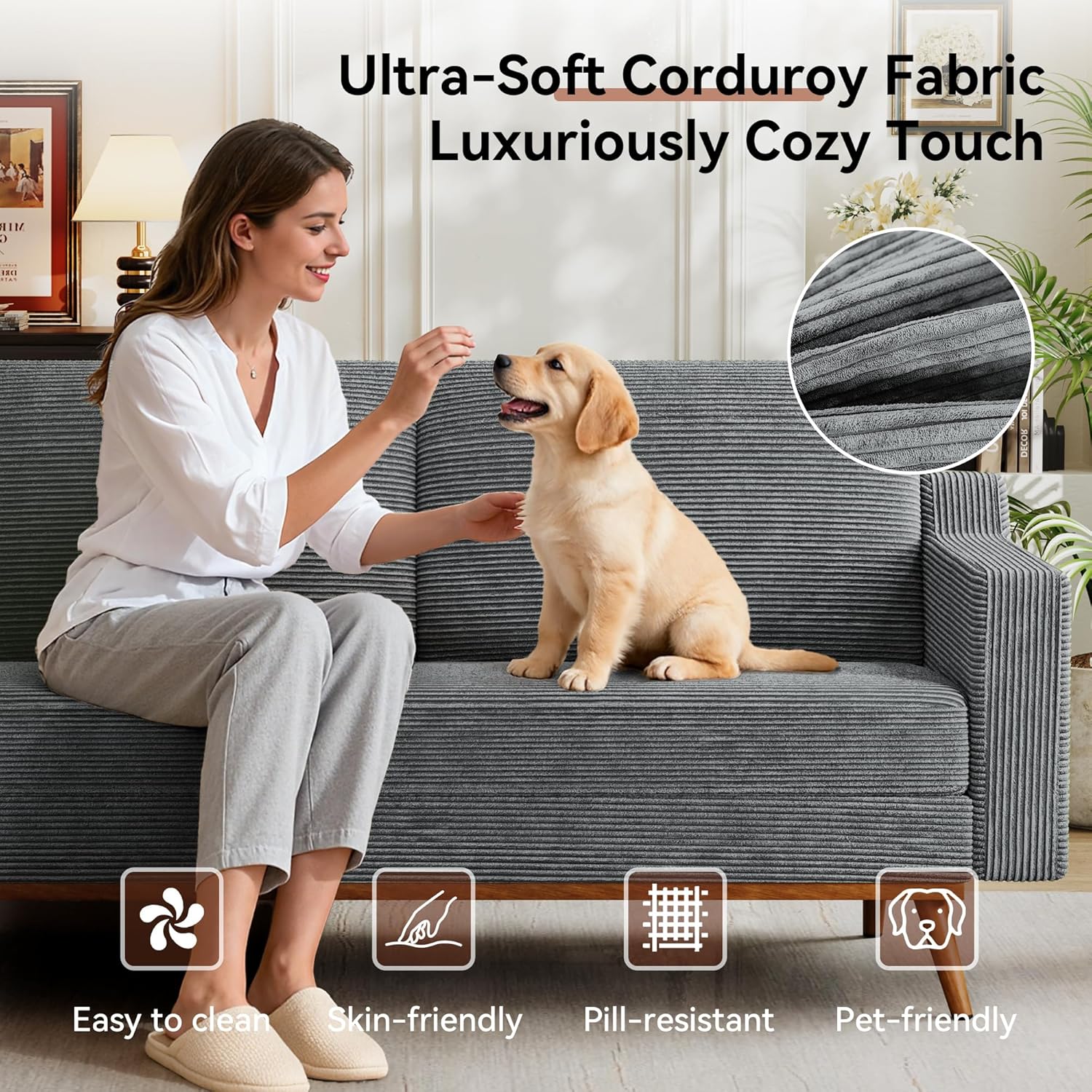 Vipbear 65.4' Loveseat Sofa Grey Corduroy Couch, Mid-Century Modern Small Couches for Living Room, Bedroom, Office, Comfy Sofa with Spring Cushion, Solid Wood Frame, Tool-Free Assembly