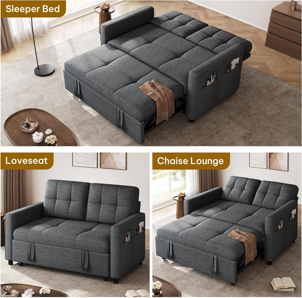 YITAHOME 55' Convertible Sofa Bed, 3-in-1 Sleeper Sofa with Iron Frame Pull-Out Bed, Linen Futon Couch with Reclining Backrest and Side Pocket, Modern Loveseat for Living Room Bedroom Apartment, Grey