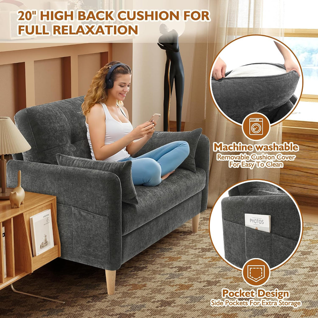 Urhanherry 47' Small Sofa Couch for Bedroom, Soft Chenille loveseat Mini Couch with Throw Pillow and Removable Cushion Cover for Small Spaces, Living Room, Apartment, Dorm, Office(Dark Grey)