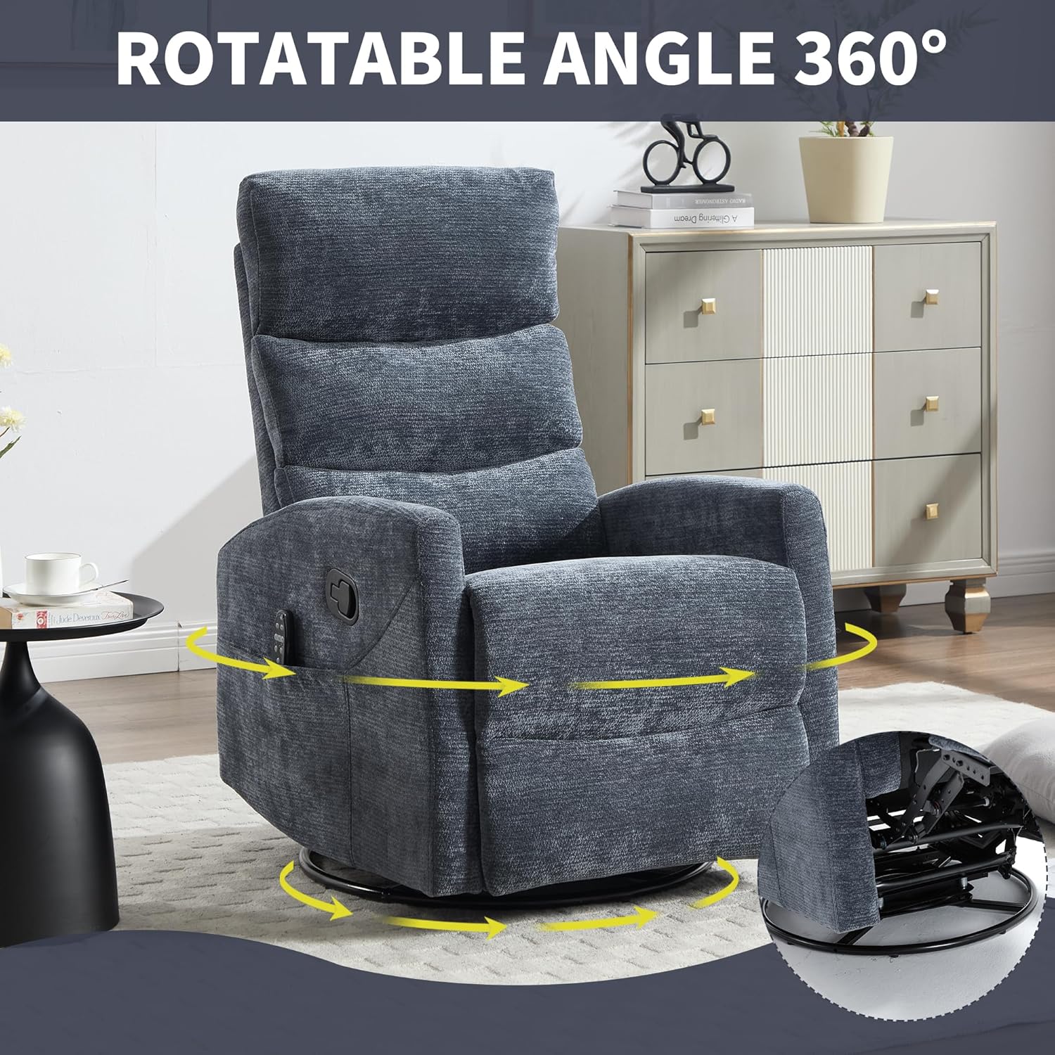 PELUMY 360° Swivel Rocker Recliner with Heat & Vibration Massage, Glider Rocking Chair for Adults, Compact Recliner for Living Room, Small Spaces, Nursery, Bedroom (Chenille, Blue)