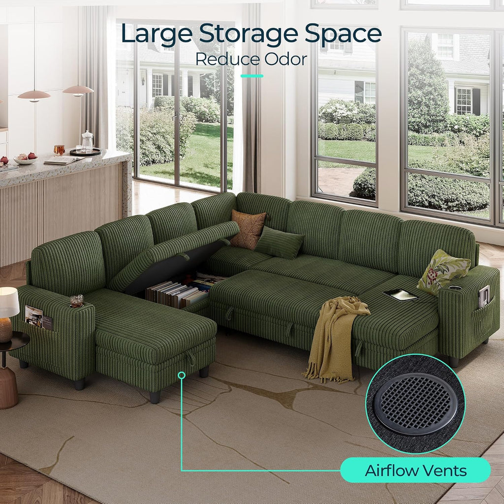 LINSY HOME Sectional Sofa with Pull Out Bed, 7 Seats Corduroy Reversible Sleeper Sofa with Storage Seats & Chaises, USB Ports, Cup Holders, Side Pocket, Sectional Couches for Living Room, Green | Plush Corduroy, Storage space, Sturdy structure