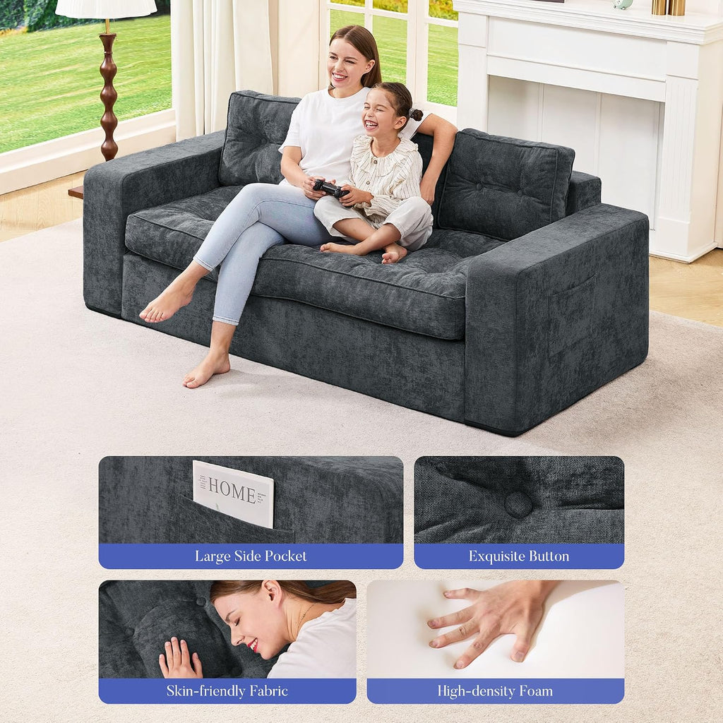 Hobestluk 3-Seater Sofa Boneless Couch with Tufted Button Design 2 in 1 Comfy Cloud Couch Oversized Sofa for Living Room Bedroom Apartment or Office (Blue Grey, 3 Seater)
