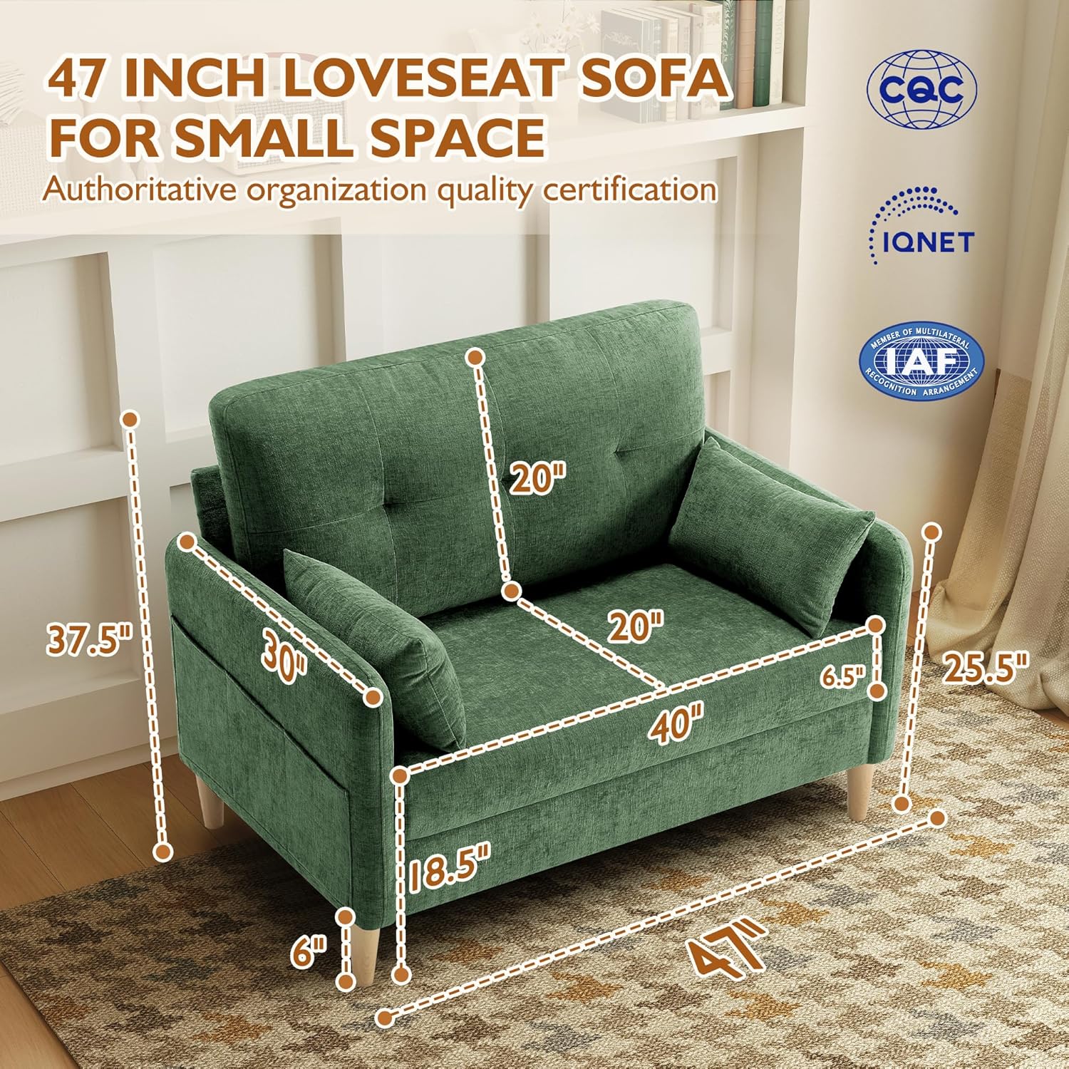 Urhanherry 47' Small Sofa Couch for Bedroom, Soft Chenille loveseat Mini Couch with Throw Pillow and Removable Cushion Cover for Small Spaces, Living Room, Apartment, Dorm, Office(Green)