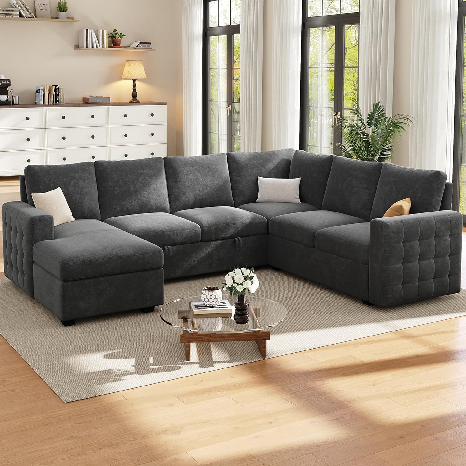 104' Sectional Sleeper Sofa Bed, Pull Out Couch with Storage, Modular Cloud Sofa with Chaise, 7 Seat U Shaped Sectional Couches for Living Room& Apartment, Convertible Sofas, Gray Couch