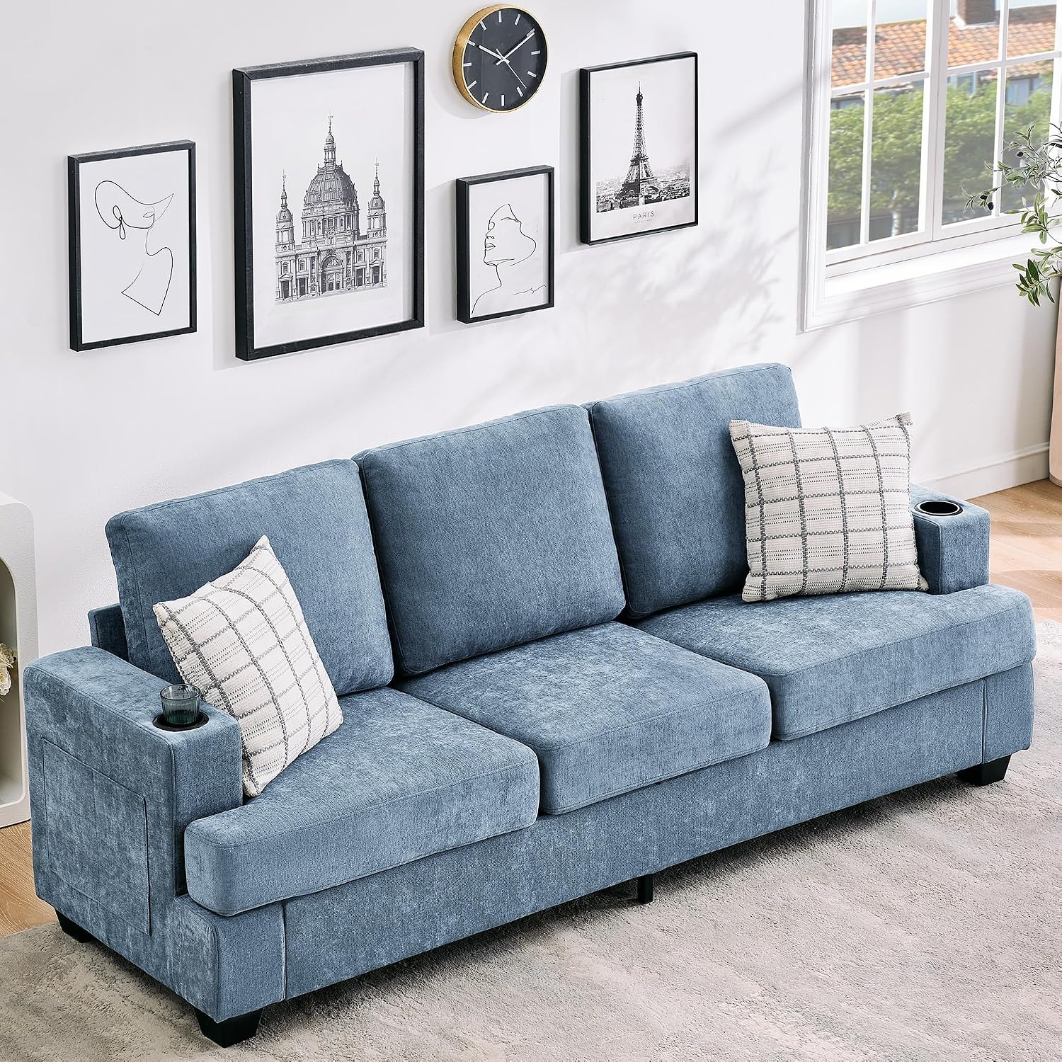 Garvee 89' Modern Sofa for Living Room, 3-Seater Comfy Couches with Deep Seat, Chenille Couch with Cup Holders and Side Storage Pockets for Apartment Lounge, Blue
