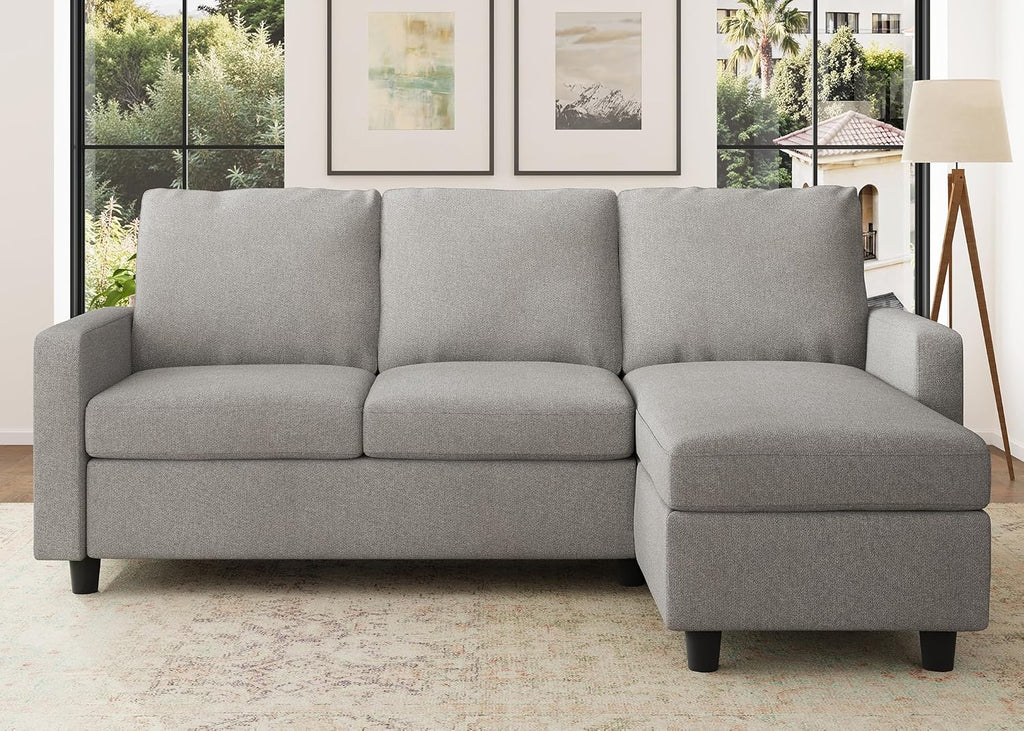 HONBAY Convertible Sectional Sofa, L Shaped Couch with Linen Fabric, Reversible Couch for Small Space, Mid Light Grey