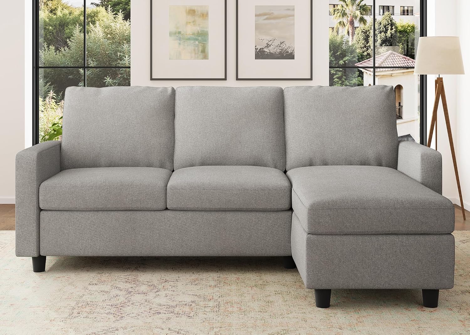 HONBAY Convertible Sectional Sofa, L Shaped Couch with Linen Fabric, Reversible Couch for Small Space, Mid Light Grey
