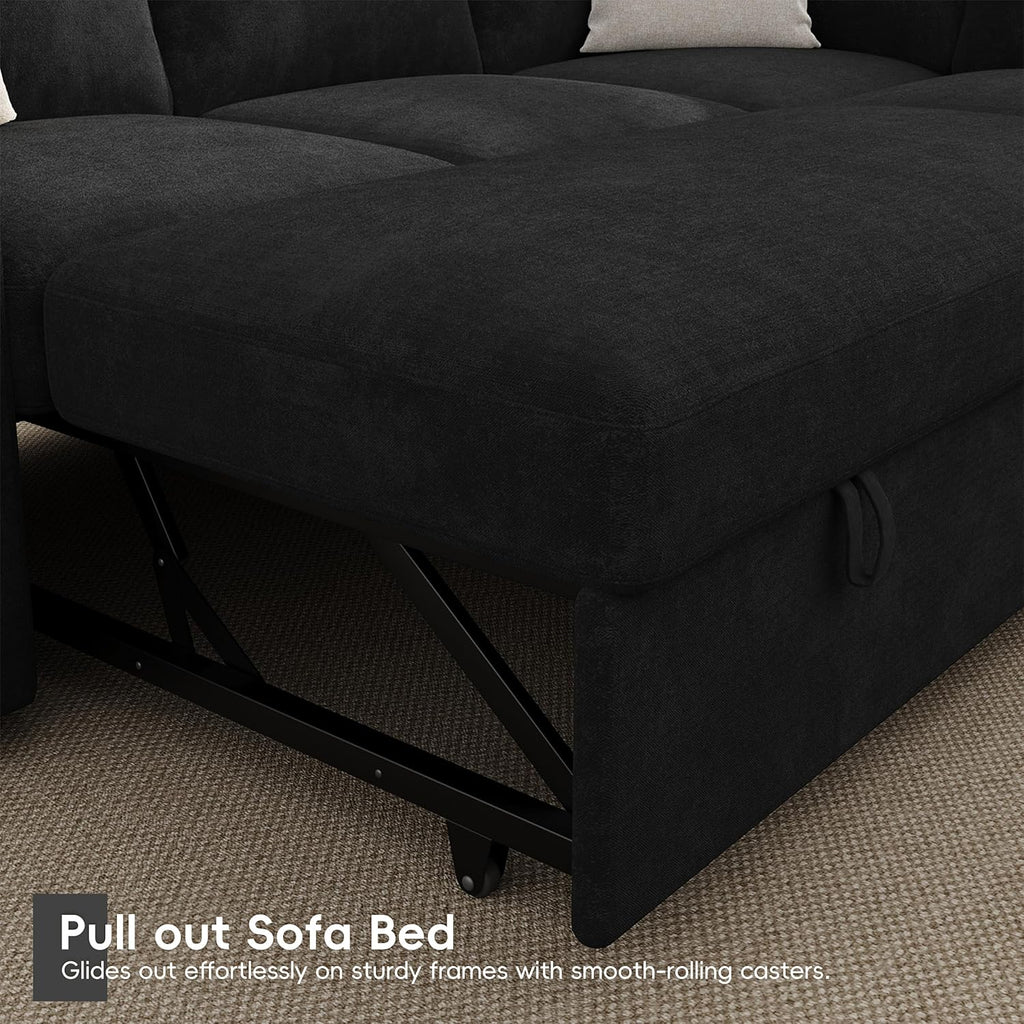 104' Sectional Sleeper Sofa Bed, Pull Out Couch with Storage, Modular Cloud Sofa with Chaise, 7 Seat U Shaped Sectional Couches for Living Room& Apartment, Convertible Sofas, Black Couch
