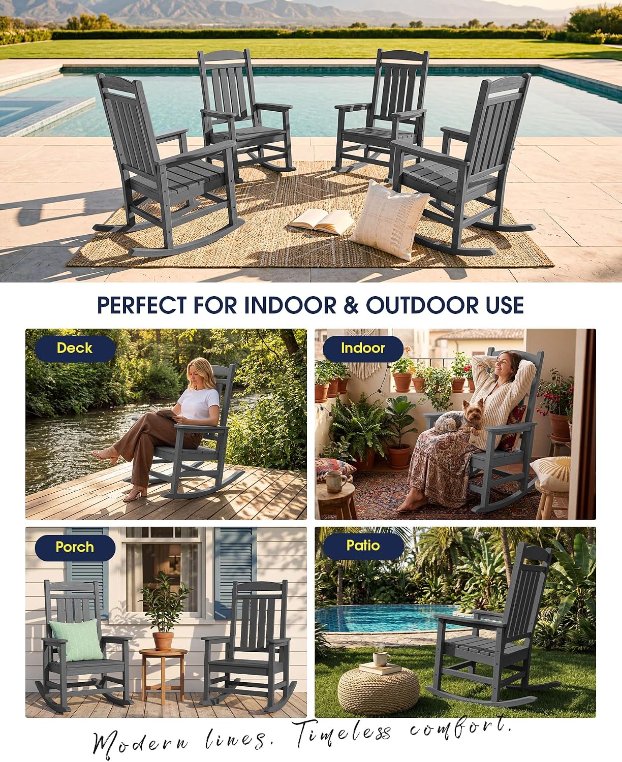 KINGYES Oversized HDPE Patio Rocking Chair Set of 4, Outdoor Rocking Chairs Porch Recliner Rocker for Adults, Grey