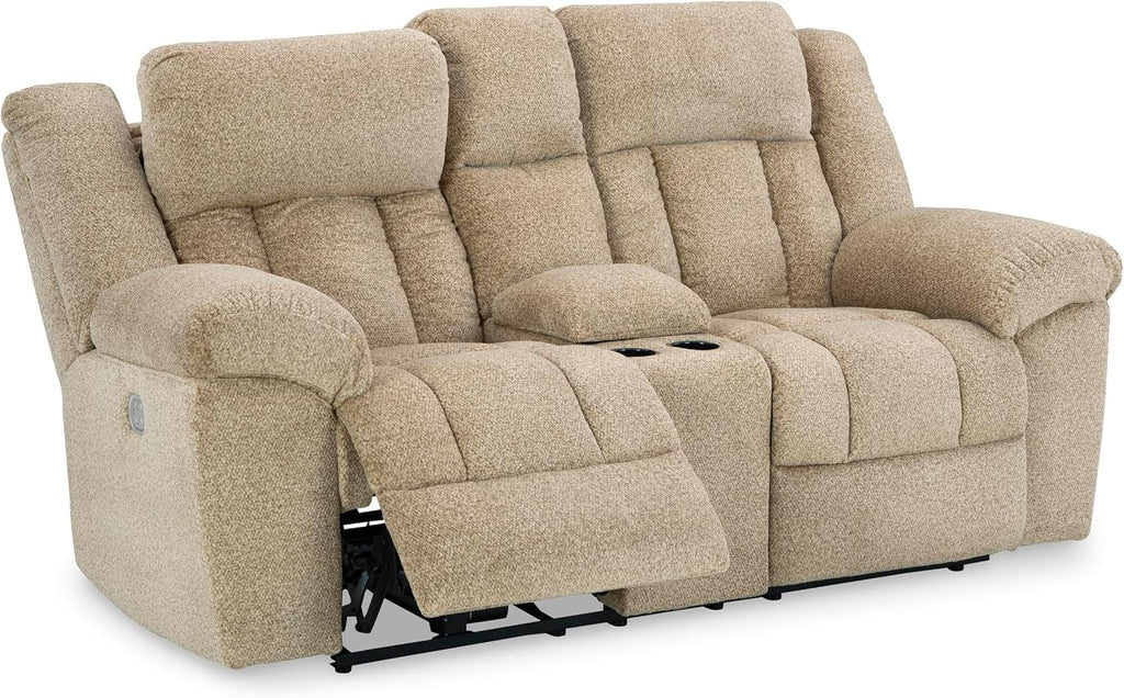 Signature Design by Ashley Tip-Off Classic Wall Hugger Power Reclining Loveseat with Adjustable Headrest, USB Ports, Storage and Cup Holders, Light Brown