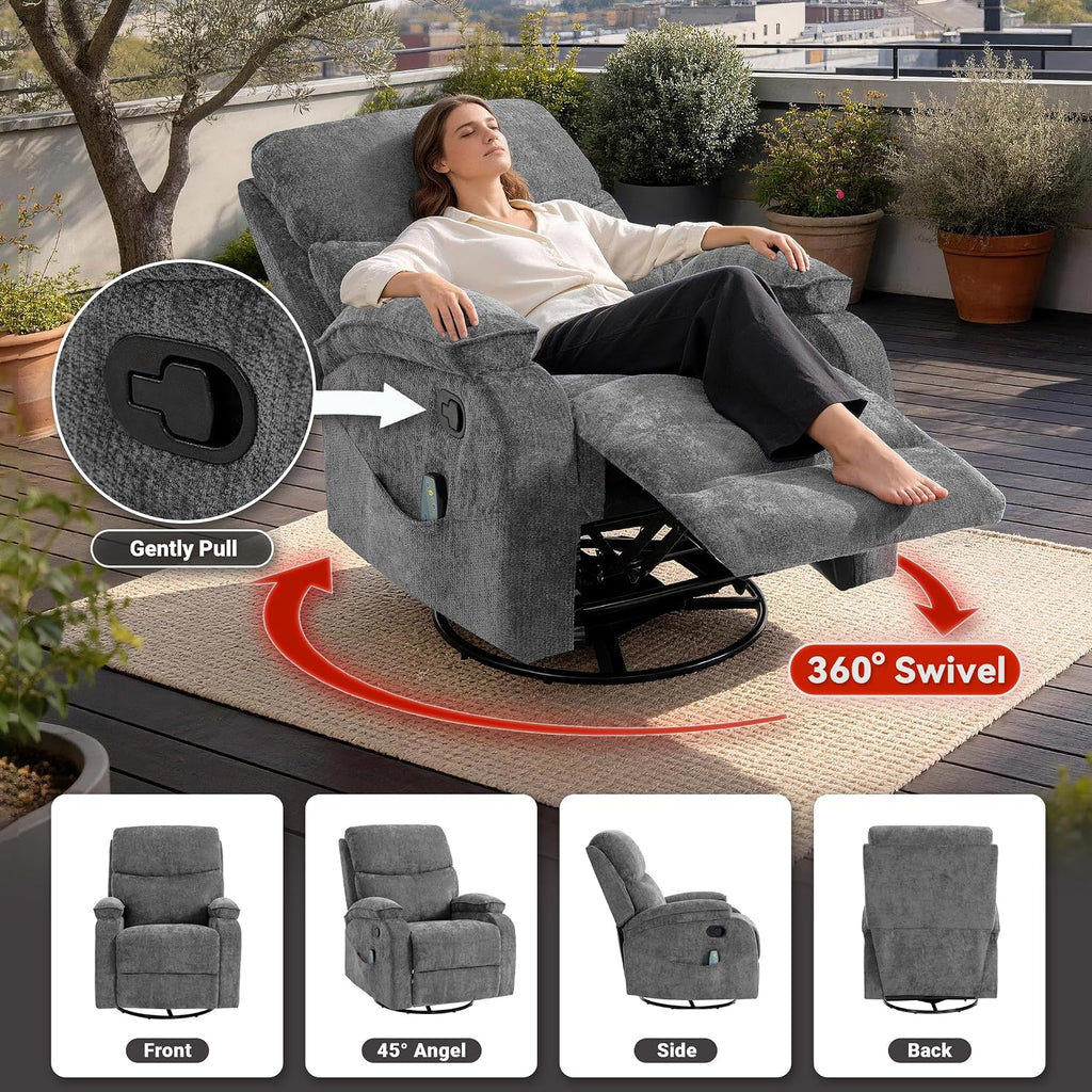 360° Swivel Rocking Recliner Chair, Massage Lazy Boy Recliner, Small Spaces Recliner for Living Room, Bedroom and Nursery, Dark Gray Chenille