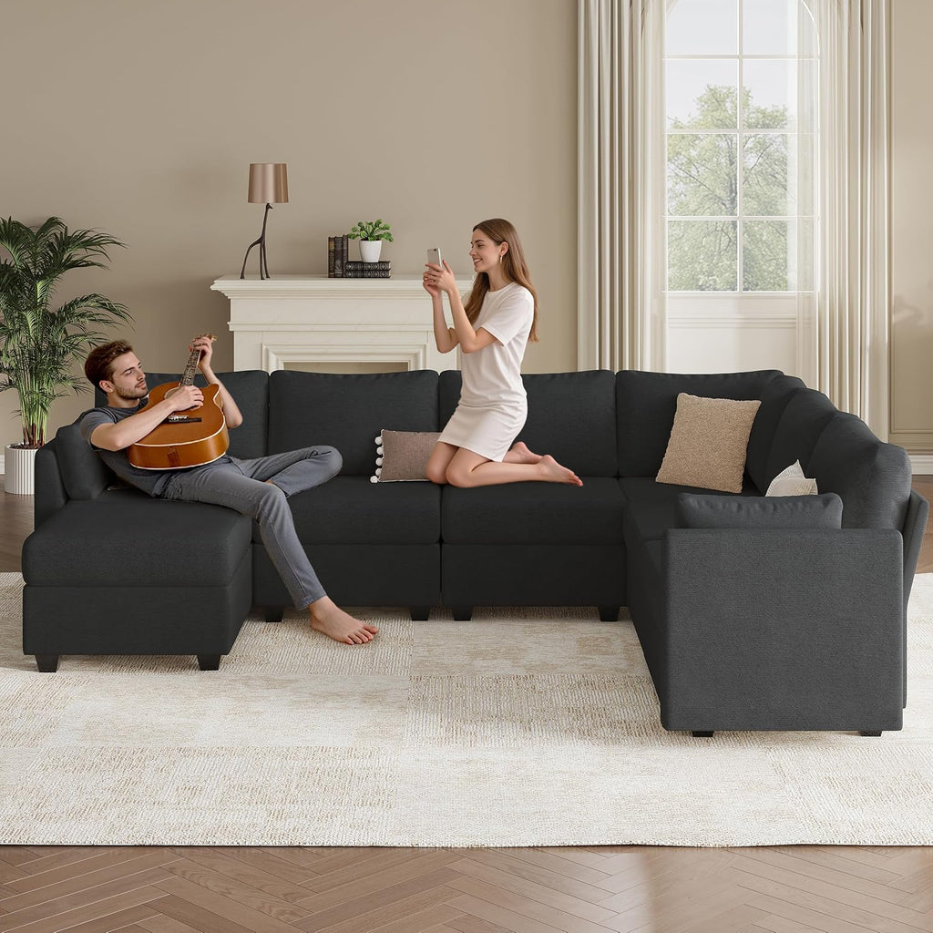 Modular Sectional Sofa Couches, Large Convertible Modular Couches with Storage, 7-Seater Sectional Sofa for Living Room, U Shaped Sectional Couch Sleeper Sofa with Chaise (Black, 7 Seats)
