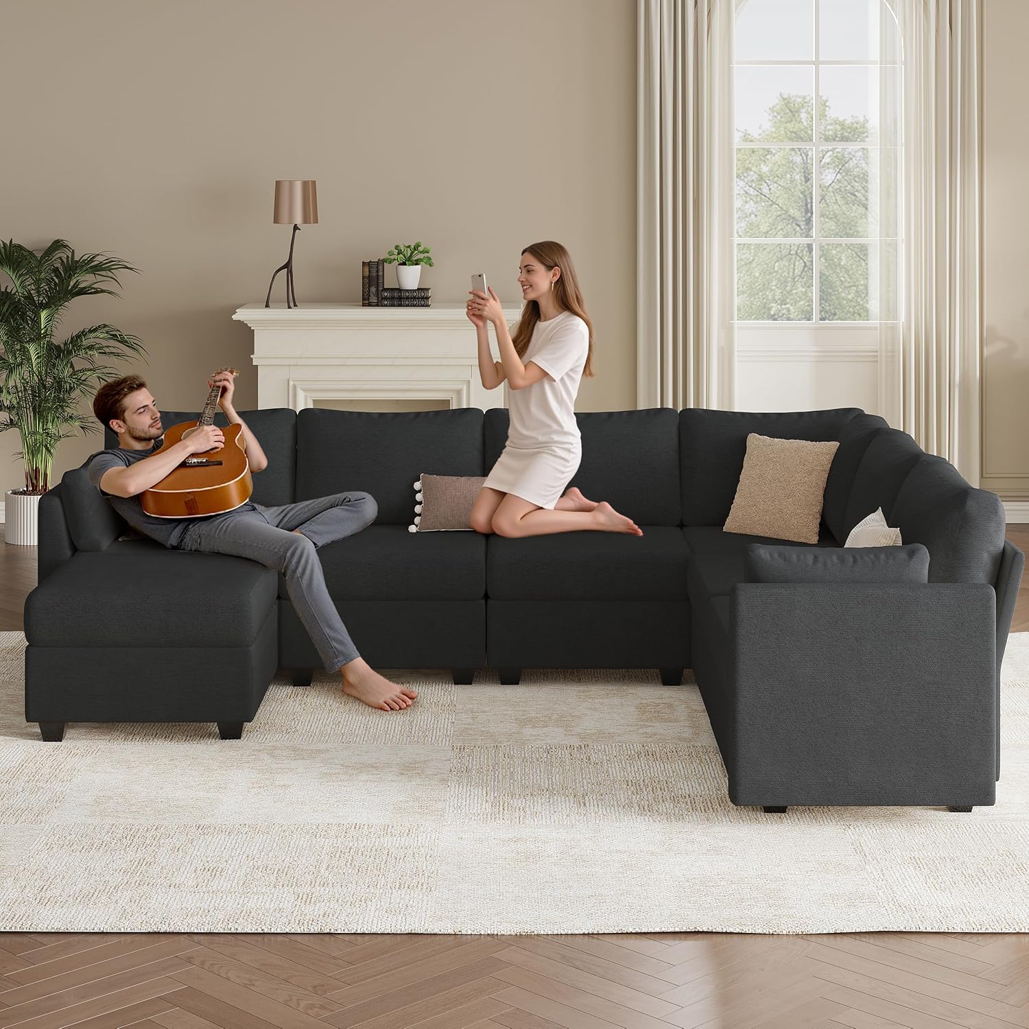 Modular Sectional Sofa Couches, Large Convertible Modular Couches with Storage, 7-Seater Sectional Sofa for Living Room, U Shaped Sectional Couch Sleeper Sofa with Chaise (Black, 7 Seats)
