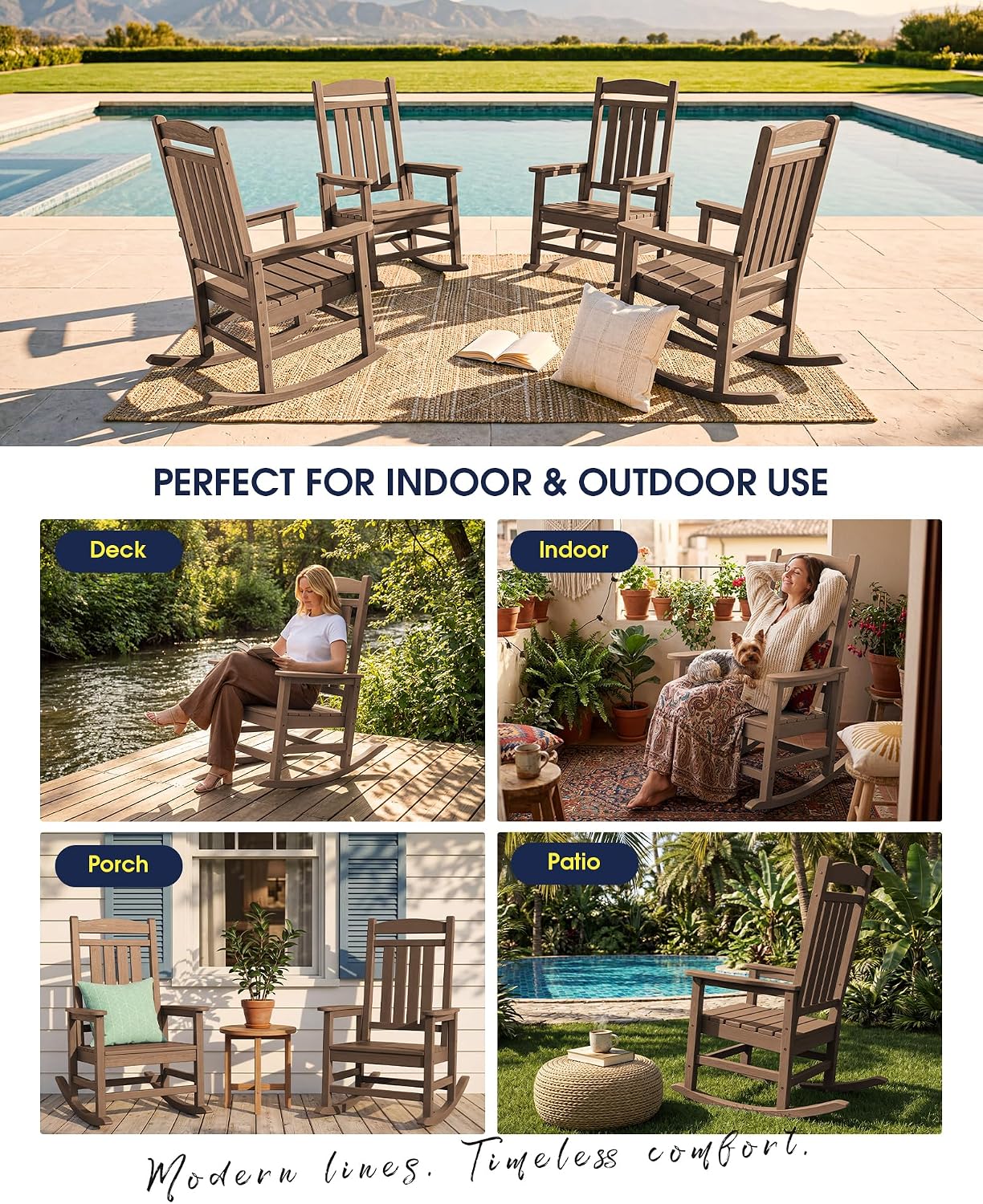 KINGYES Oversized Outdoor Rocking Chair Set of 2, High Density Polyethylene Patio Rocking Chairs with 350lbs Support for Adults, Porch Recliner Rocker, Brown