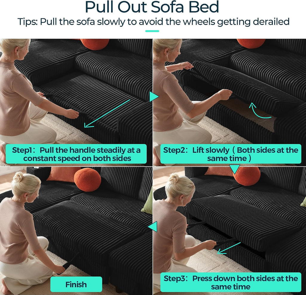 LINSY HOME Sectional Sleeper Sofa Pull Out Couches for Living Room (Black, Sleeper Sofa 3) | Pull Out Sofa Bed, Storage, USB Charging, Cup Holders, Plush Corduroy | Pull Out Sofa Bed, Storage, USB Charging, Cup Holders, Plush Corduroy