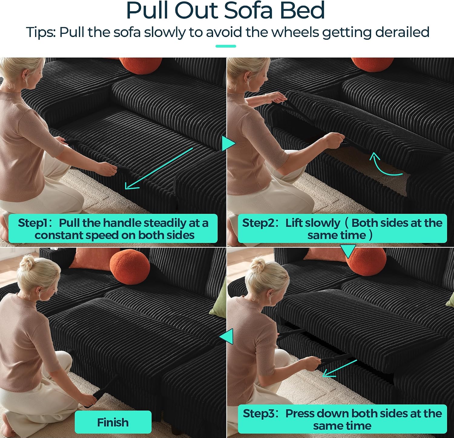 LINSY HOME Sectional Sleeper Sofa Pull Out Couches for Living Room (Black, Sleeper Sofa 3) | Pull Out Sofa Bed, Storage, USB Charging, Cup Holders, Plush Corduroy | Pull Out Sofa Bed, Storage, USB Charging, Cup Holders, Plush Corduroy