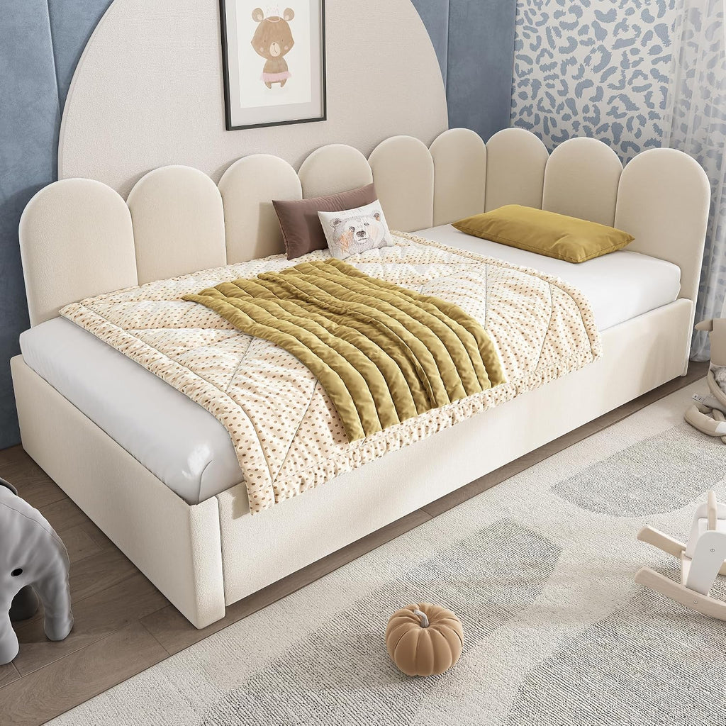 Merax Modern Upholstered Sofa Day Bed with Trundle Bed, Floor Platform Bed Frame with Headboard, No Box Spring Needed/Easy Assemble Twin, Beige