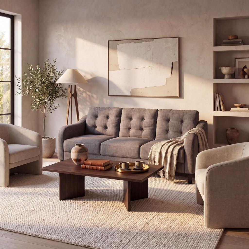 SAFAVIEH Couture Furniture Collection Nathaniel Grey Tufted 3-Seater Sofa